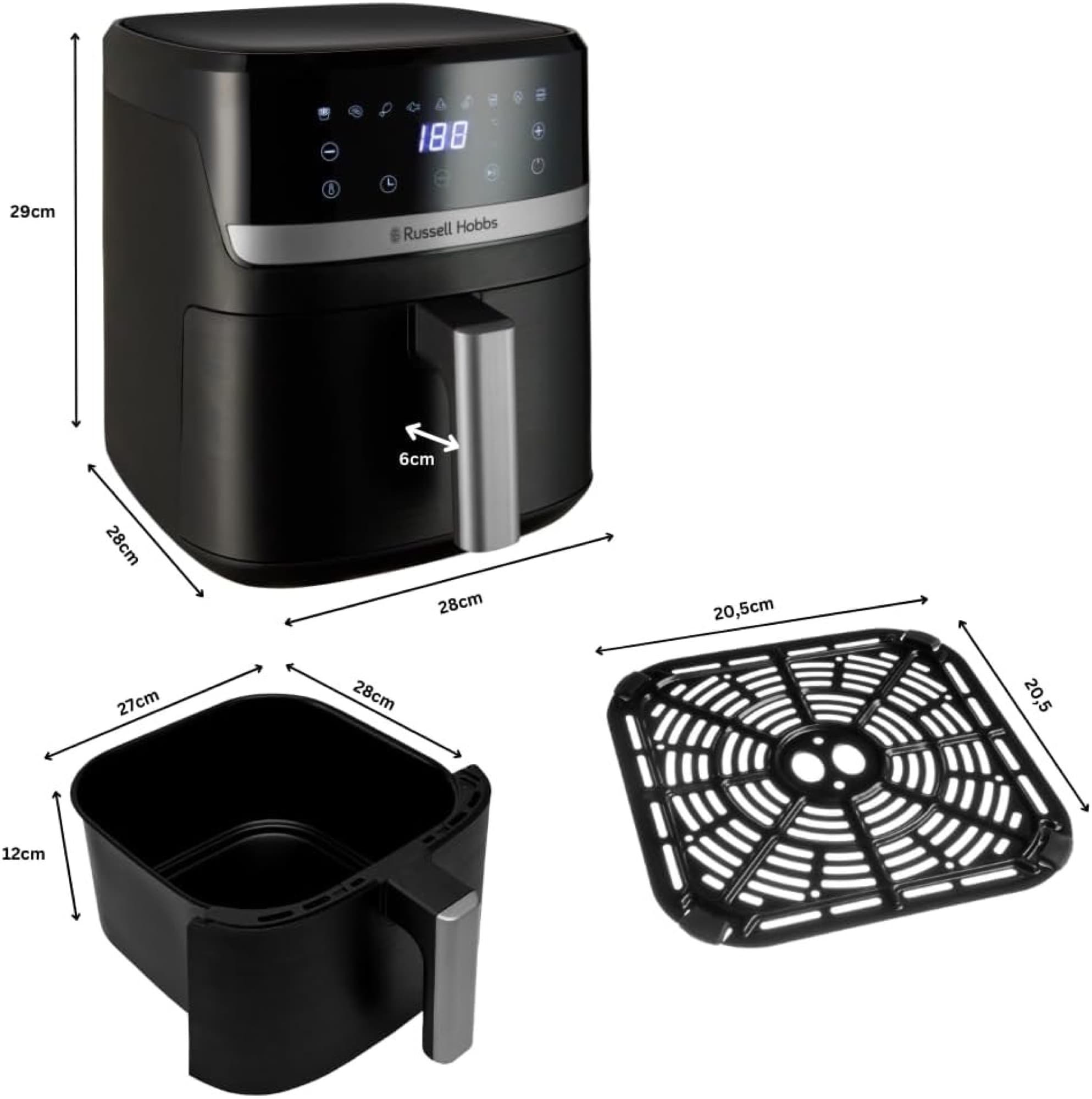 Mått på airfryer, korg och platta