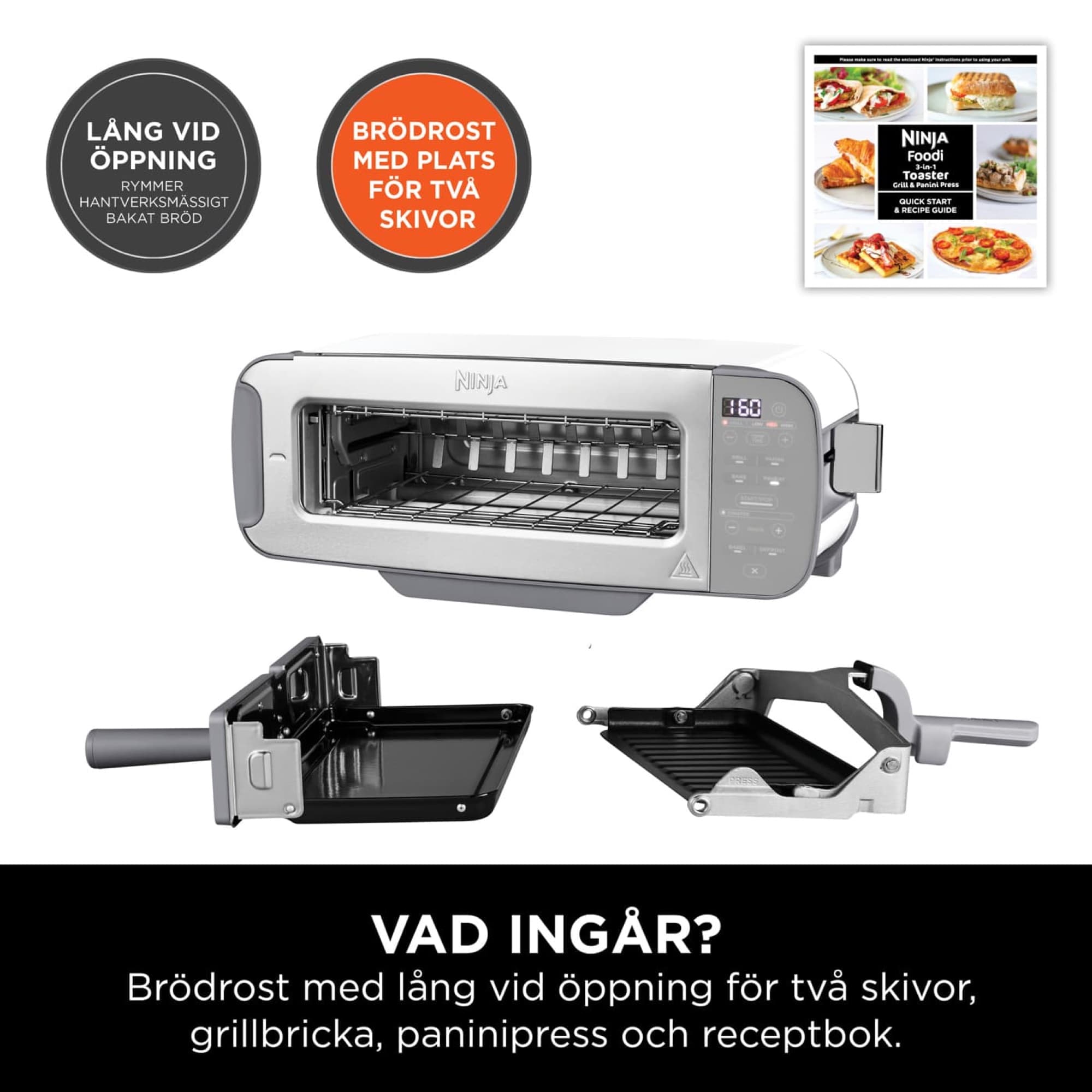 Brödrost, grillbricka, paninipress och receptbok