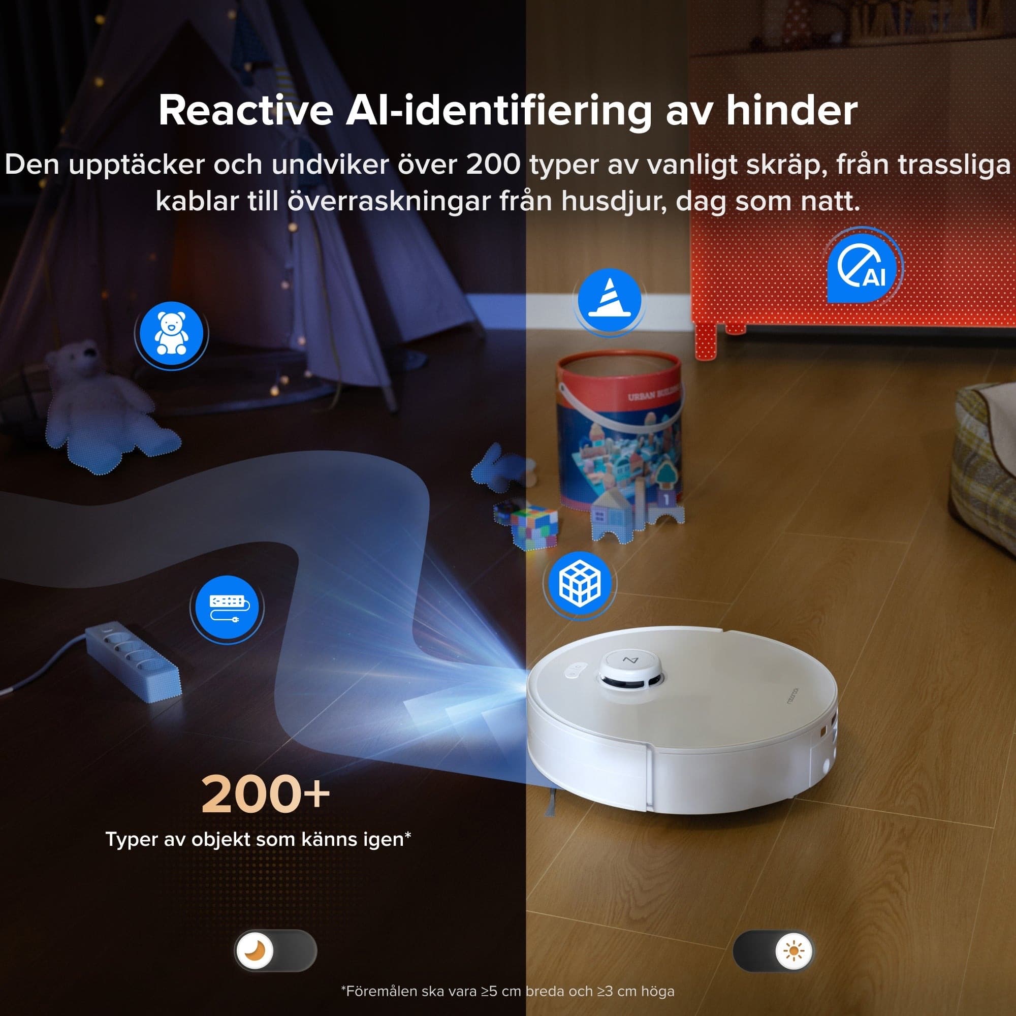 The robot recognises obstacles on the floor