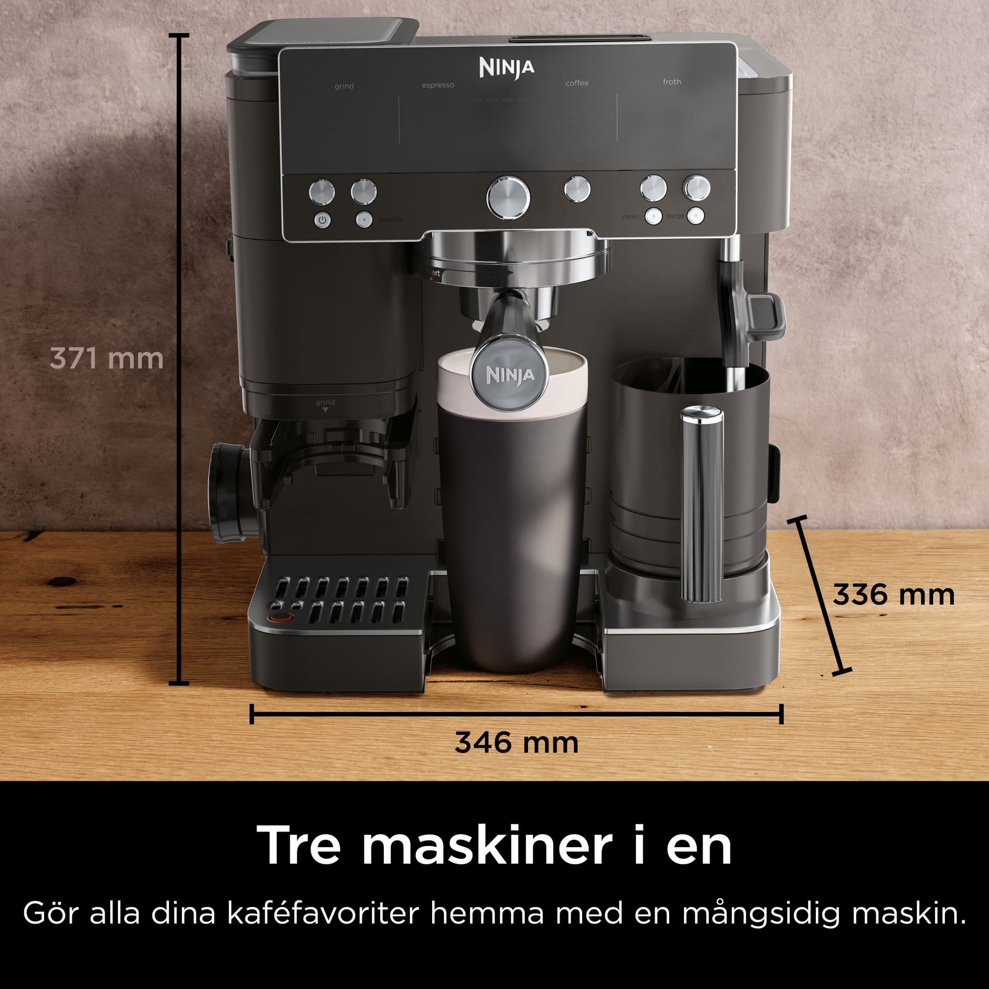Svart modell med mått: 371 × 346 × 336 mm