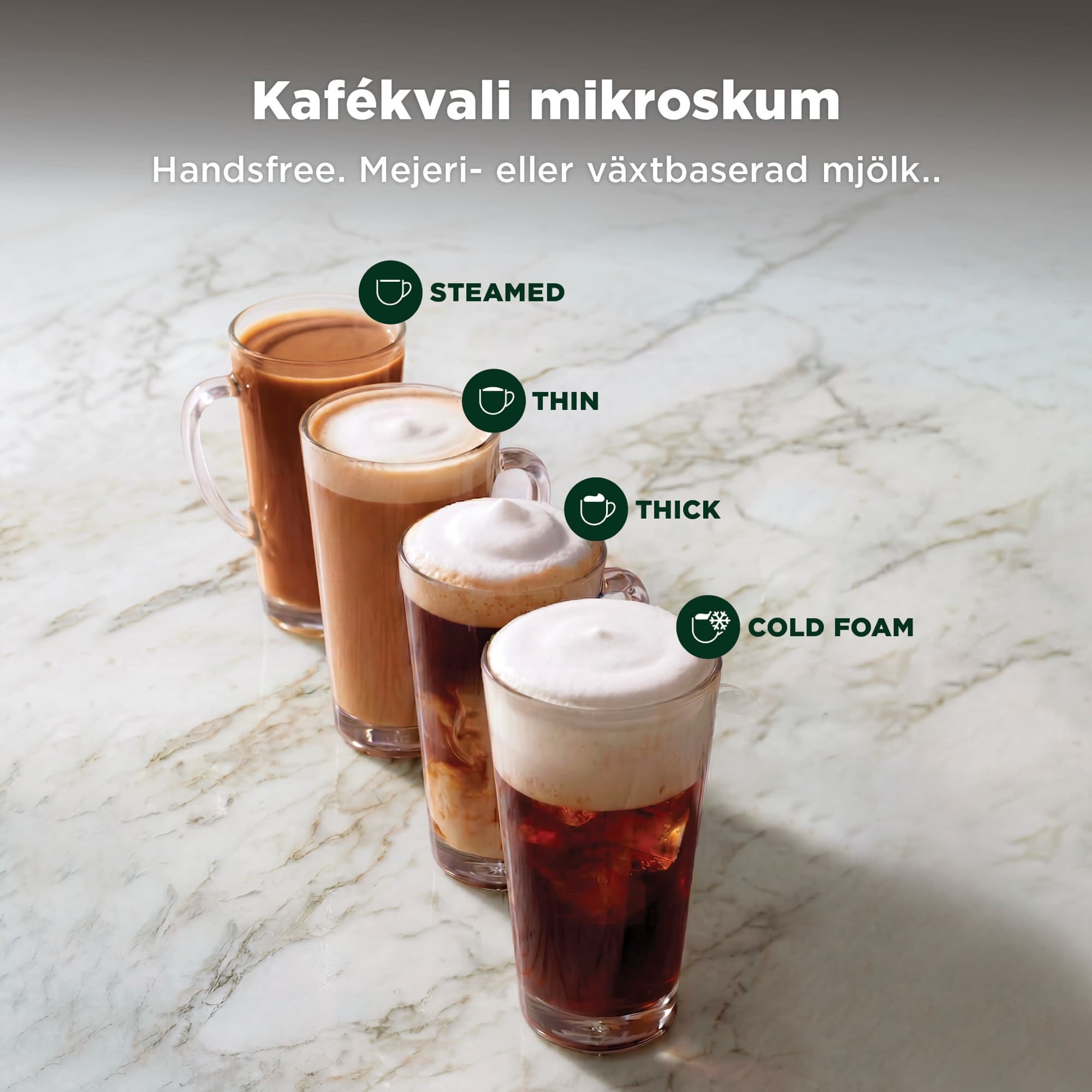 Four glasses with steamed milk, thin, thick and cold foam