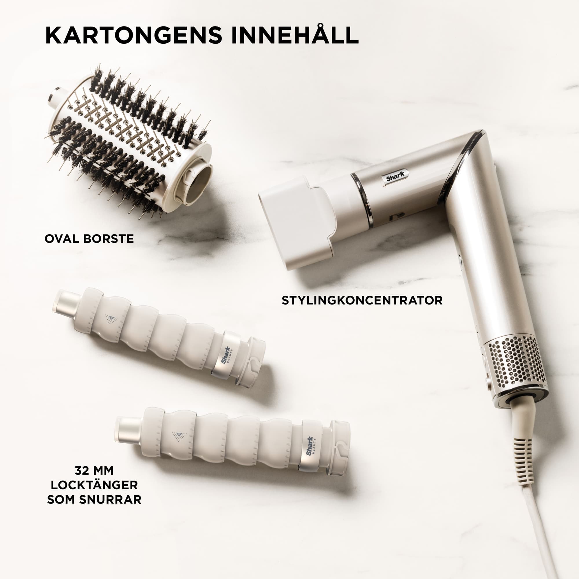 Innehållet i kartongen: oval borste, koncentrator och två locktänger