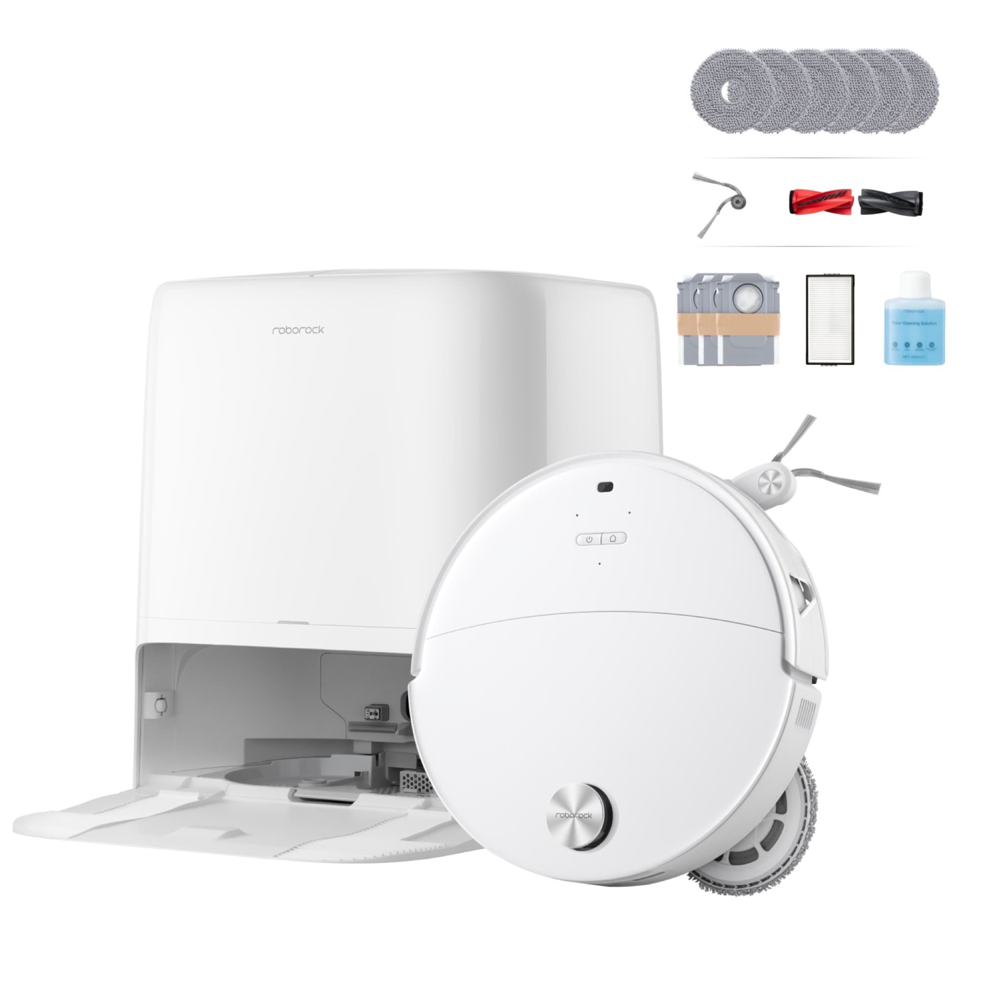 Roborock Saros 20 Neo i vitt med station och tillbehör