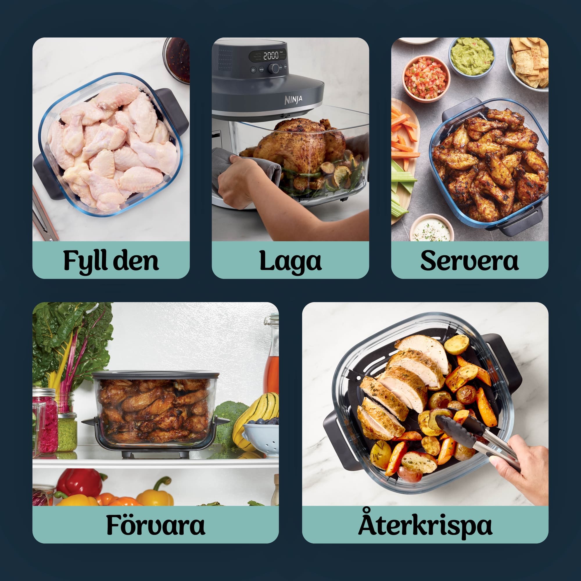 Fill, cook, serve, store and recrisp in the same glass container