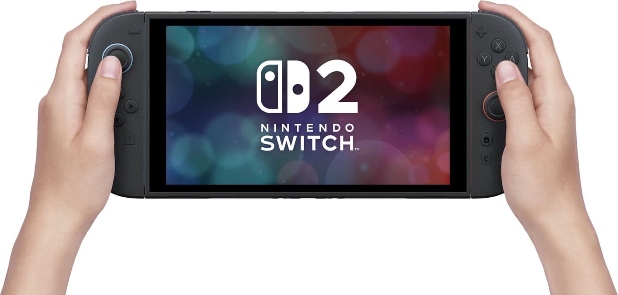 Två händer håller Nintendo Switch 2