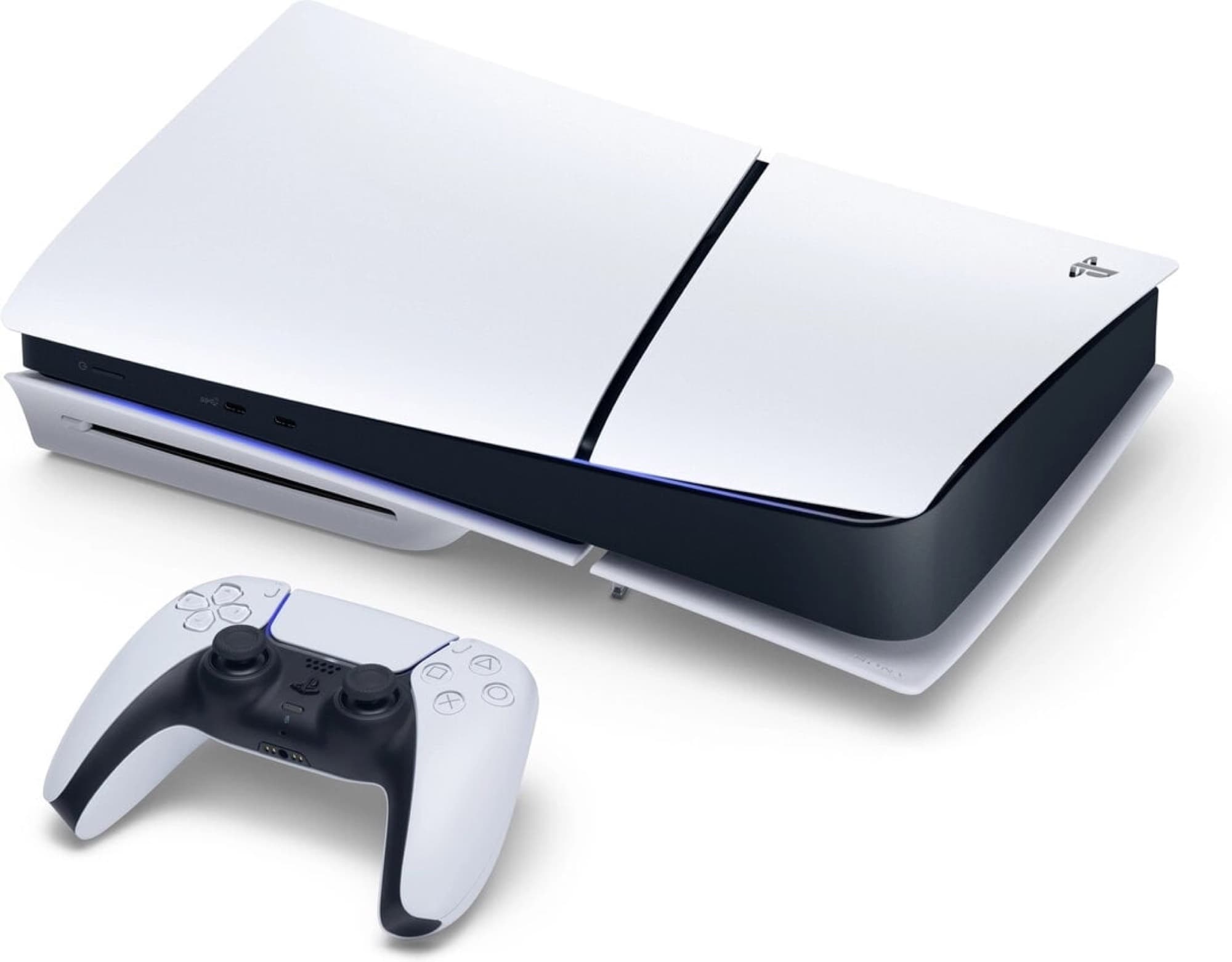 PS5 Slim liggande med DualSense