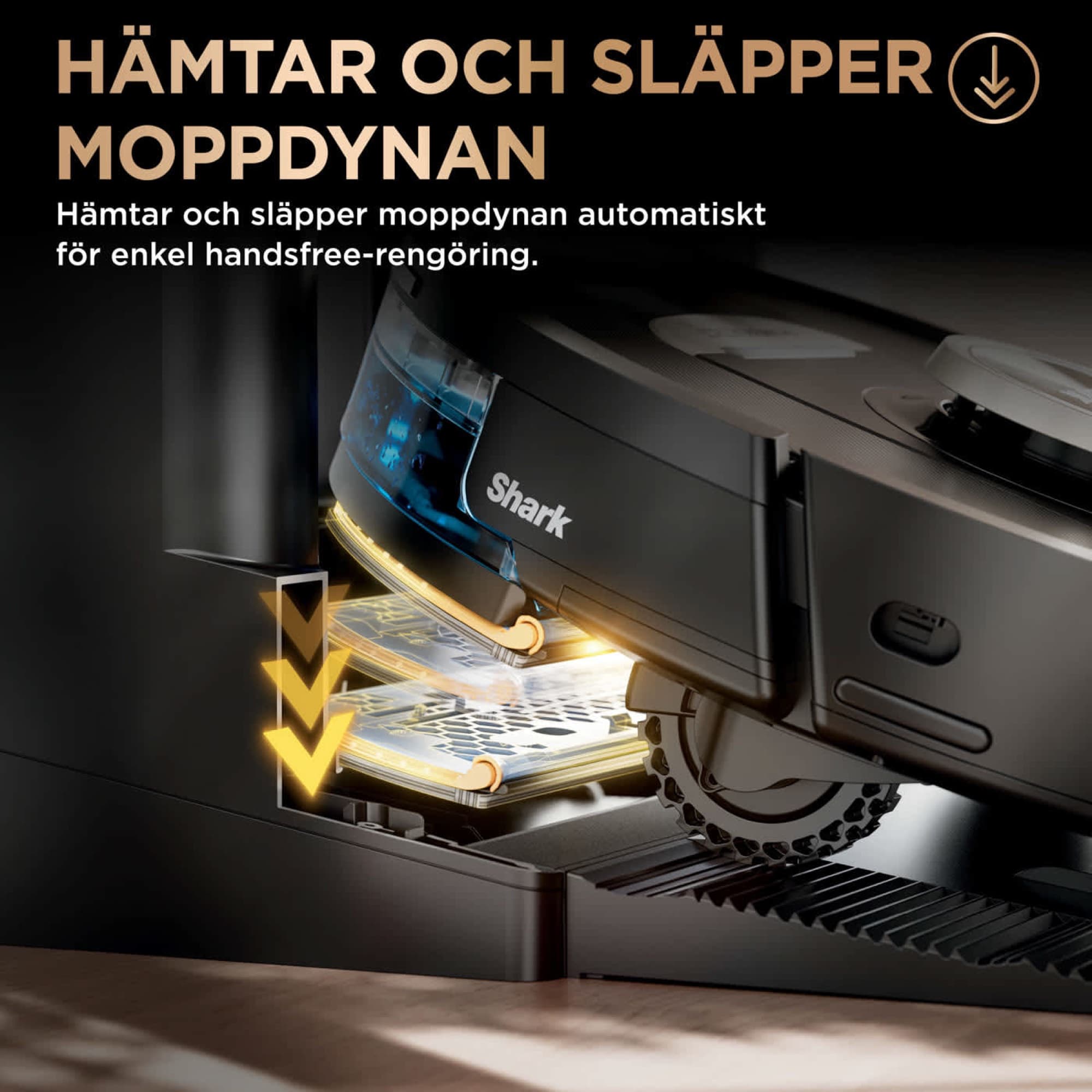 Roboten hämtar och lämnar moppdynan vid basen