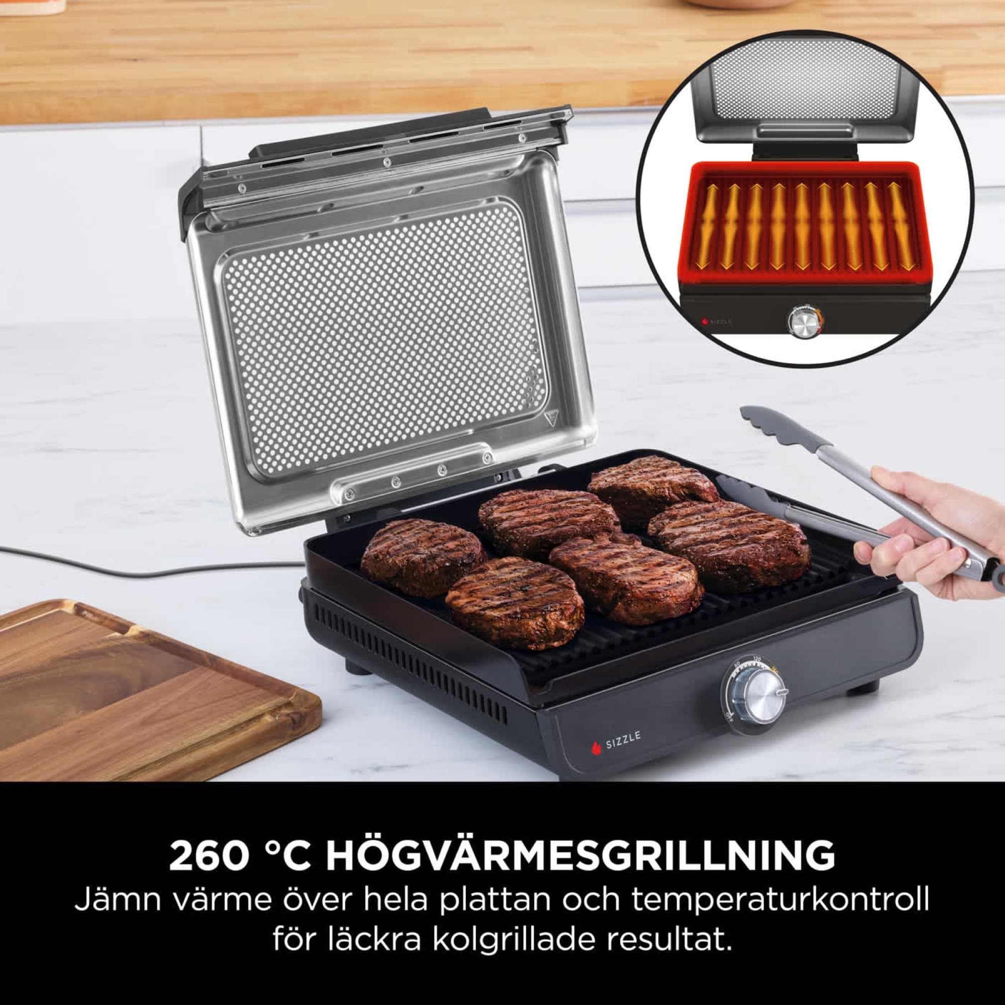 Hamburgare på grillplattan vid 260 °C