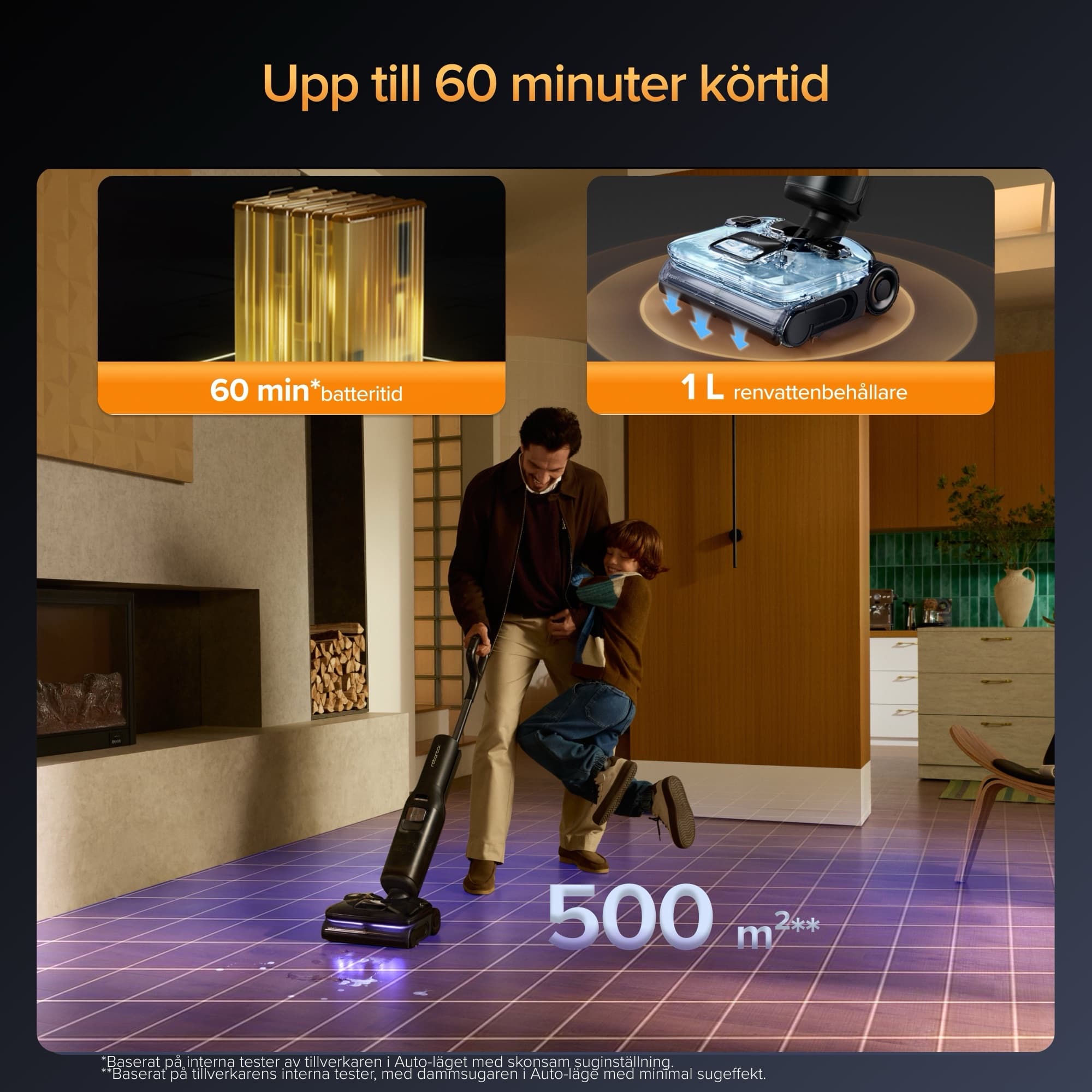Upp till 60 minuters drifttid och 1 l rentvattentank
