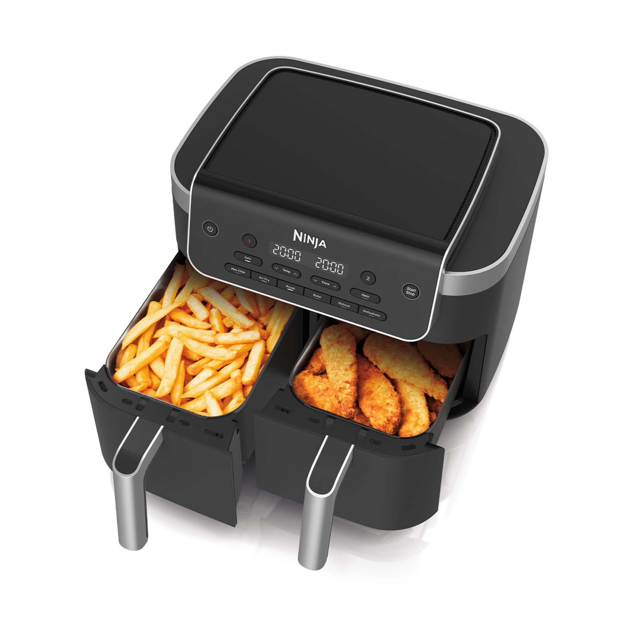 The air fryer with both baskets open, fries and chicken
