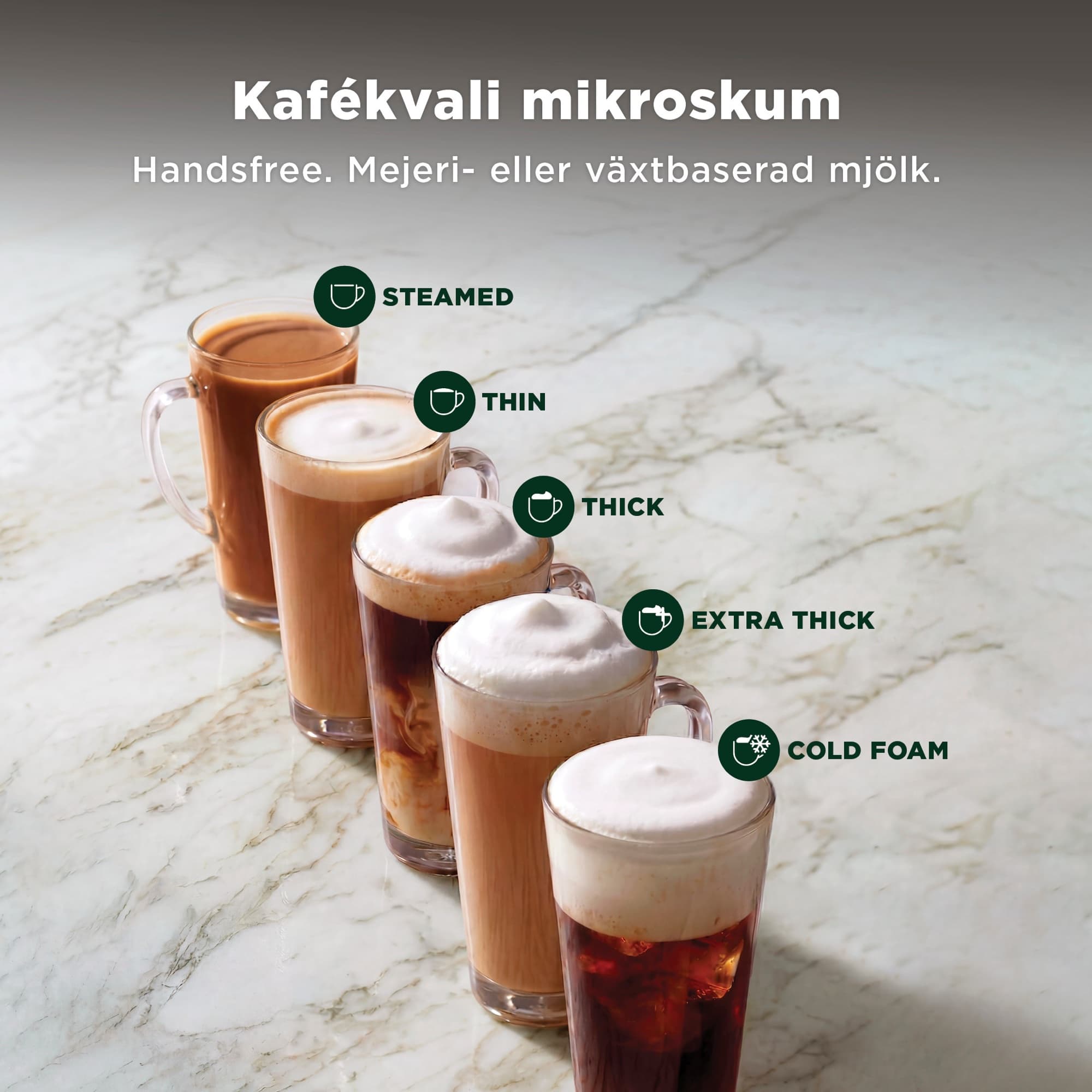 Fem sorters mjölkskum i glas