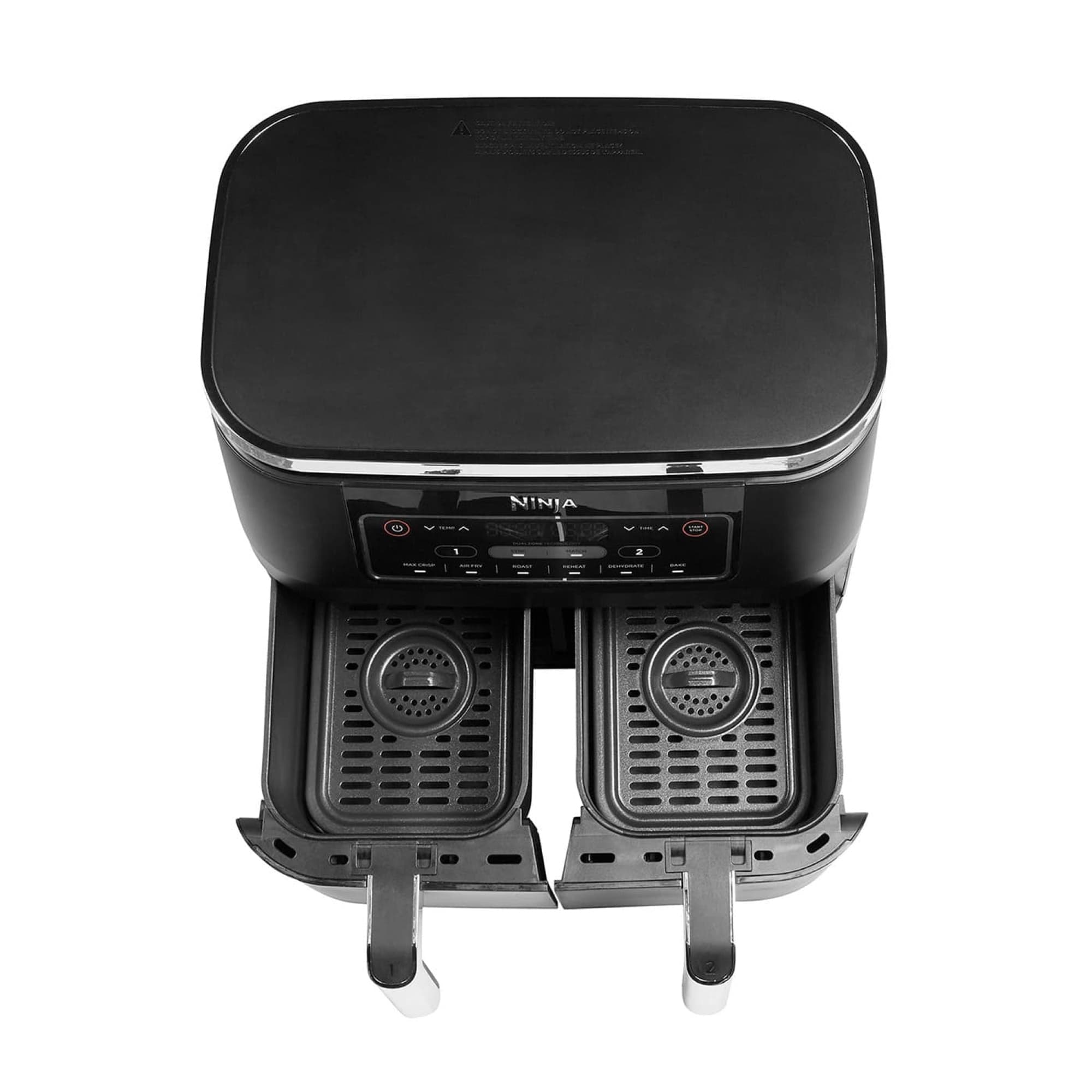 The air fryer from above with both drawers open