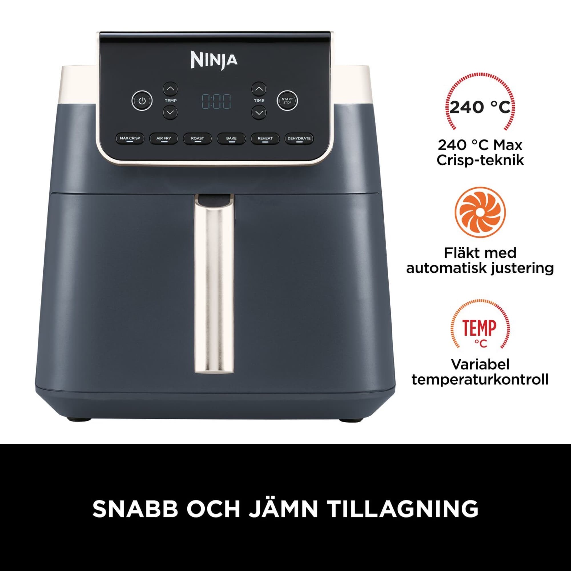 Airfryern i Cyber Space med symboler för 240 °C, fläkt och temperaturreglage