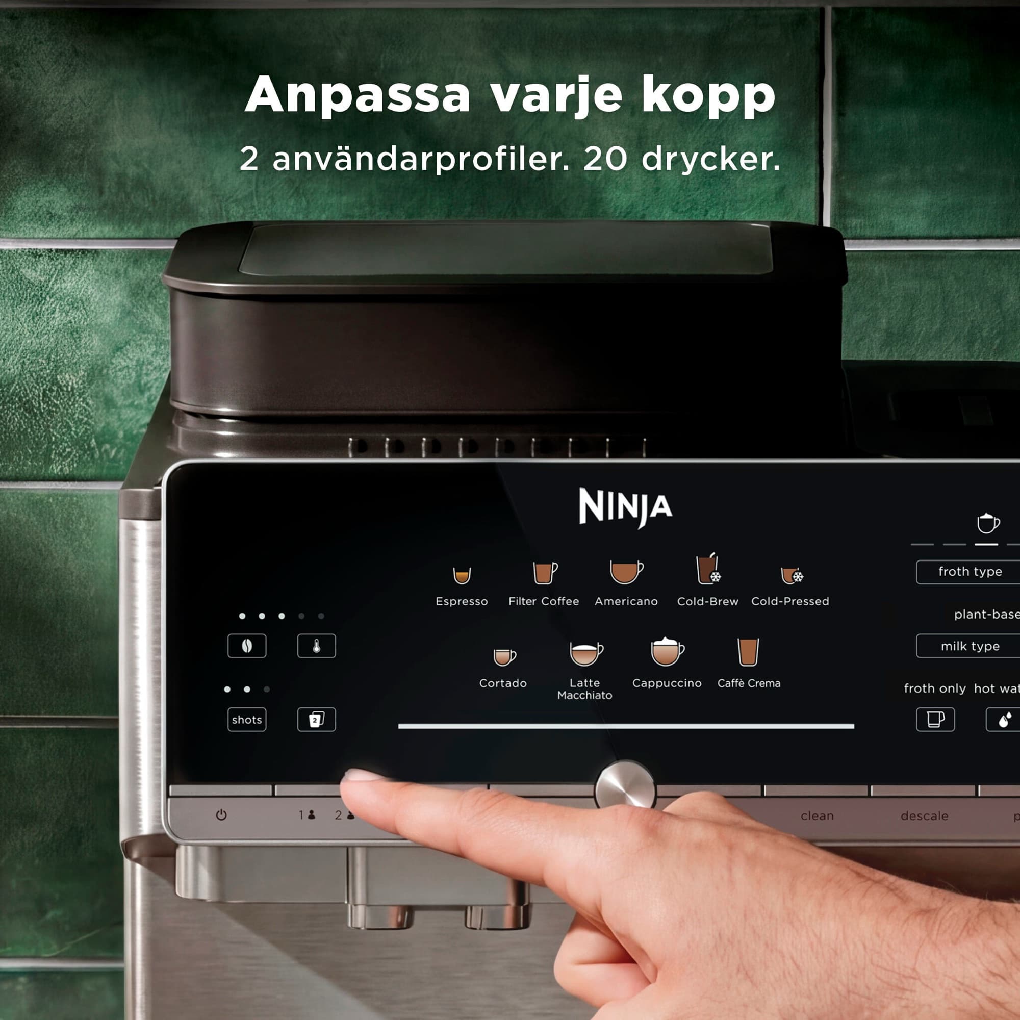 Control panel with drink choices and two user profiles