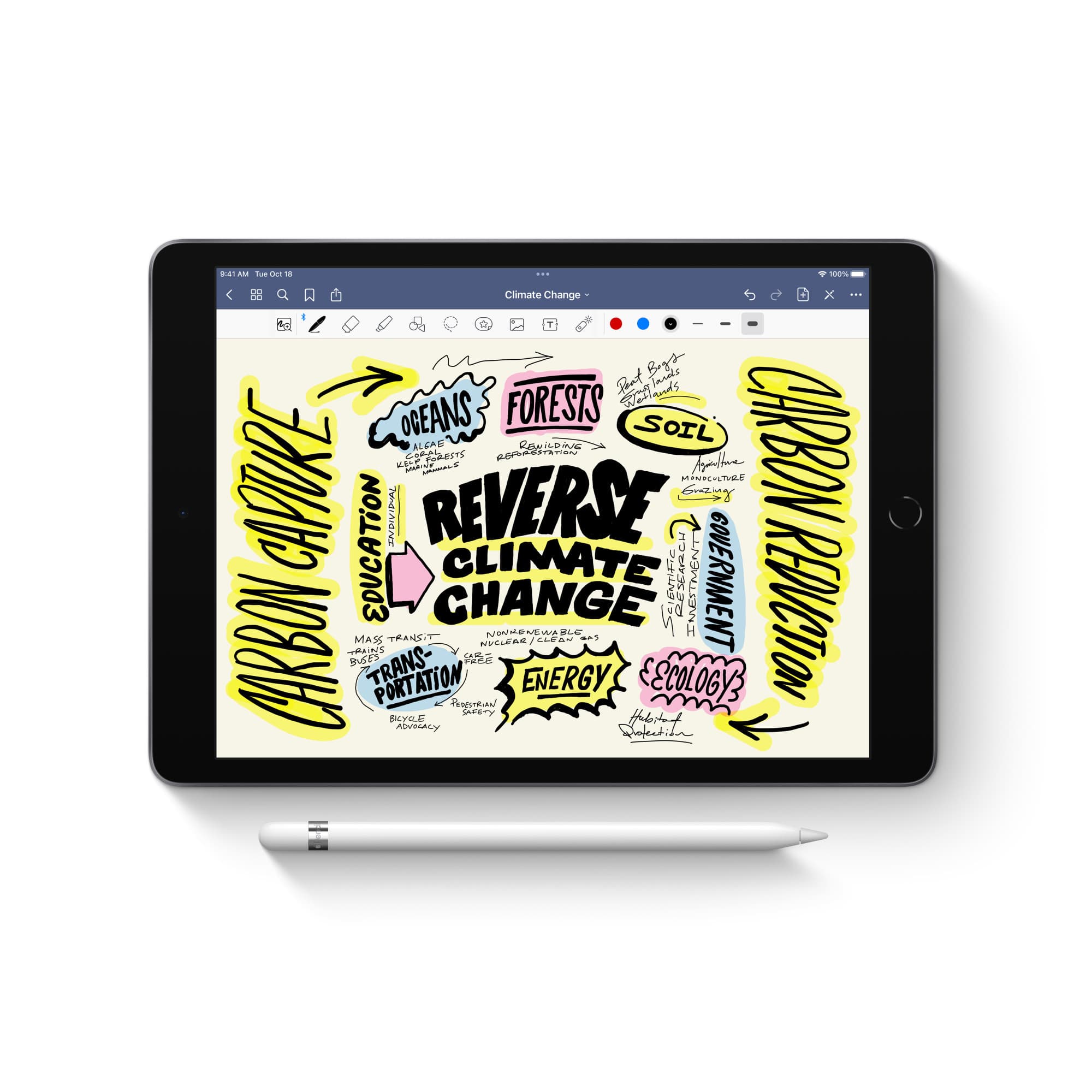 Apple Pencil och en iPad med en teckning