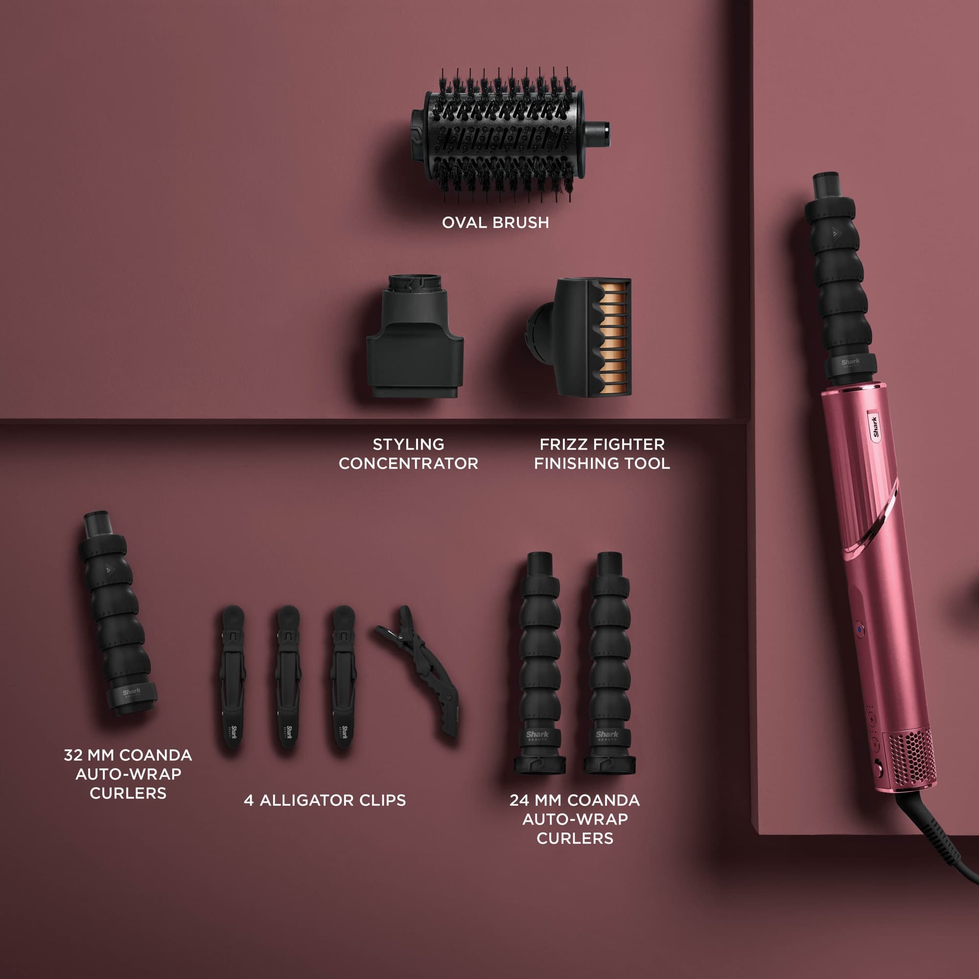 All the attachments laid out next to the styling wand