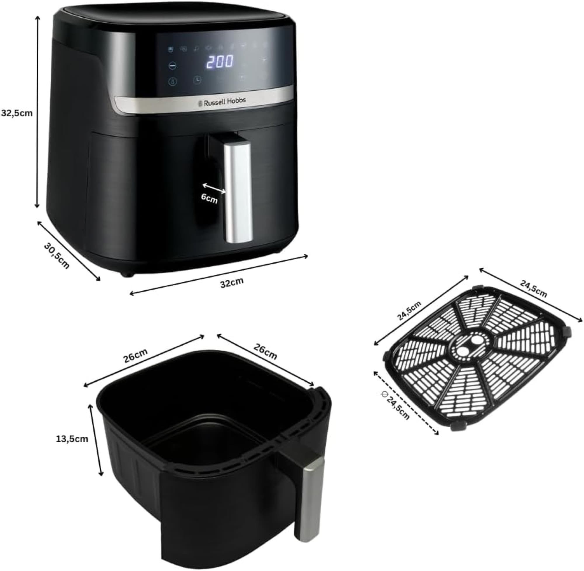 Mått på airfryer, korg och platta