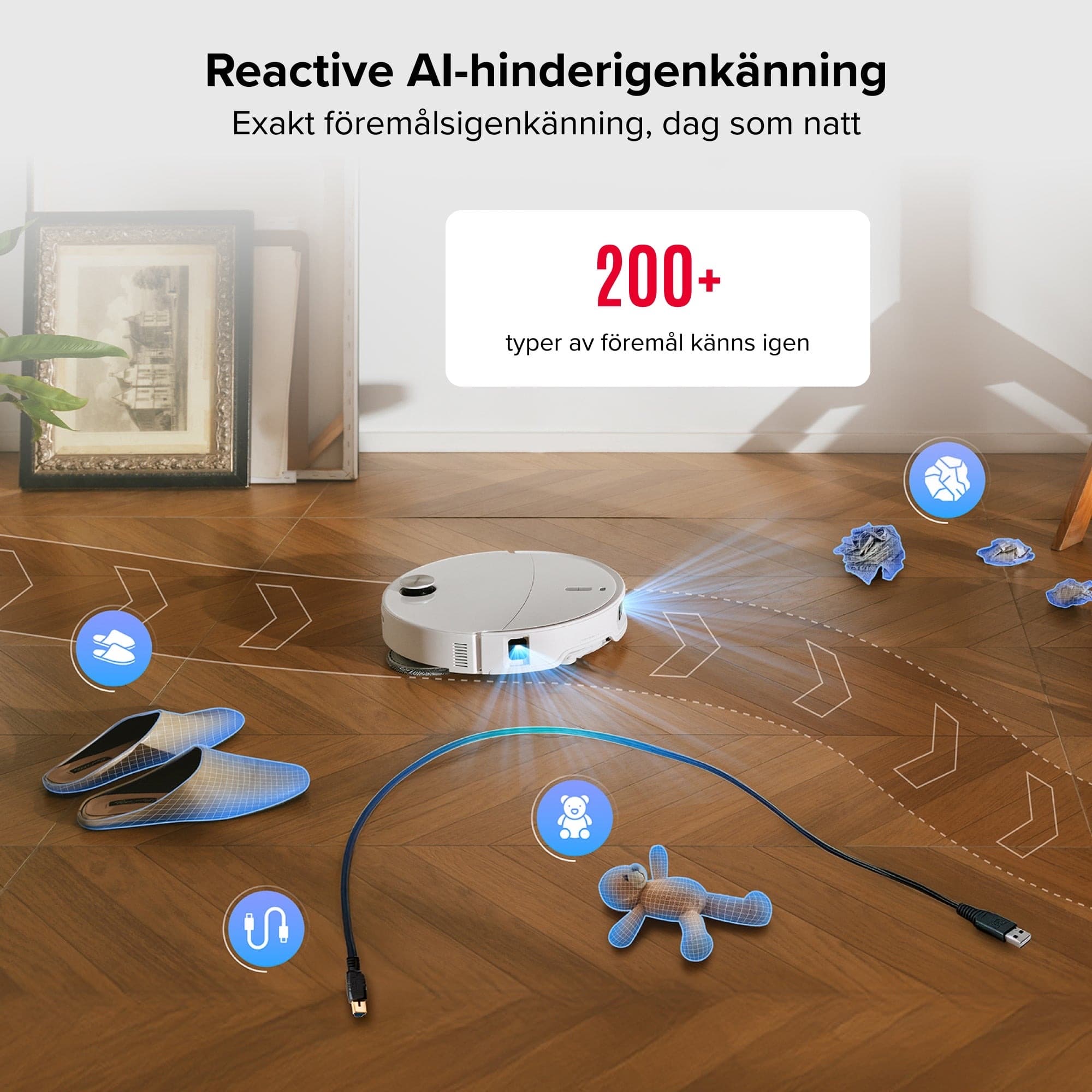 The robot recognises obstacles on the floor
