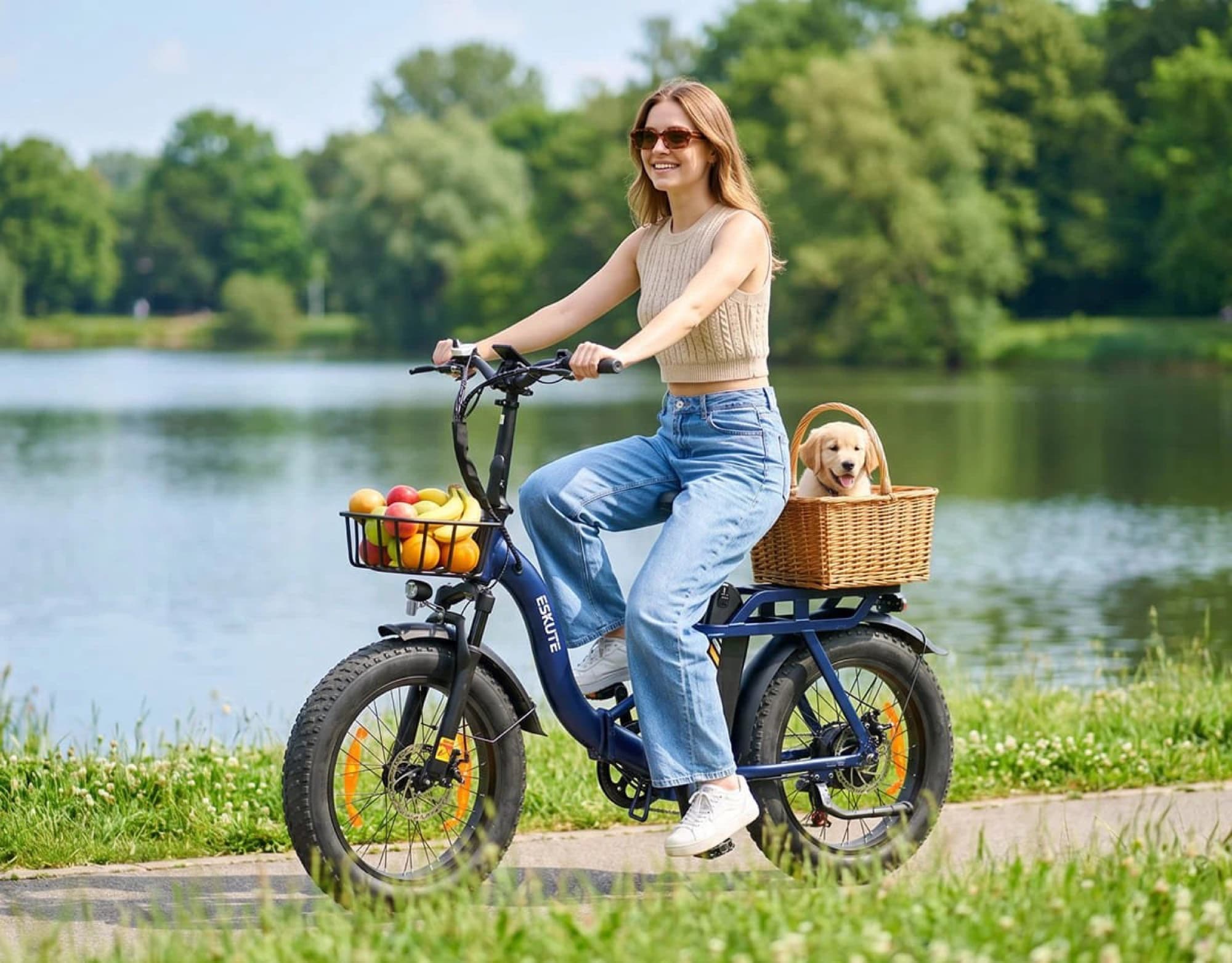 Woman riding the Eskute D202 by a lake