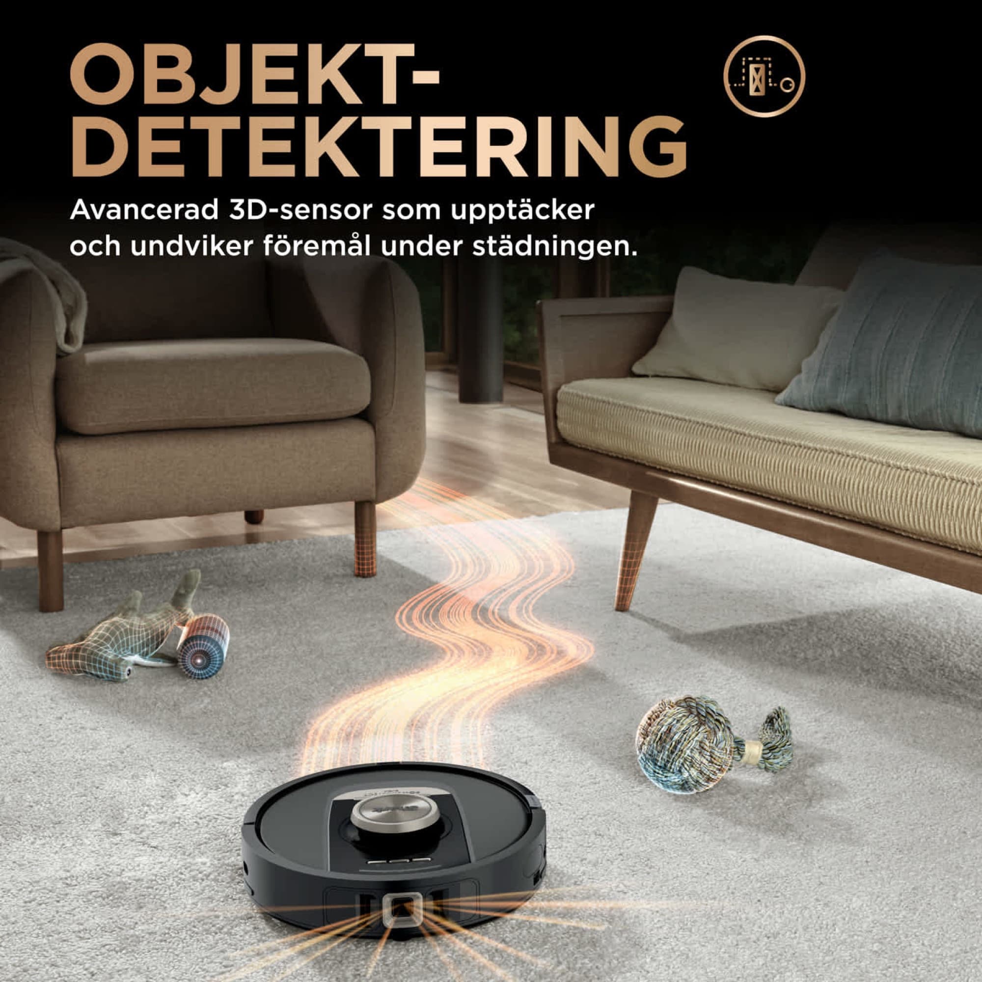 Roboten upptäcker och kör runt föremål på golvet