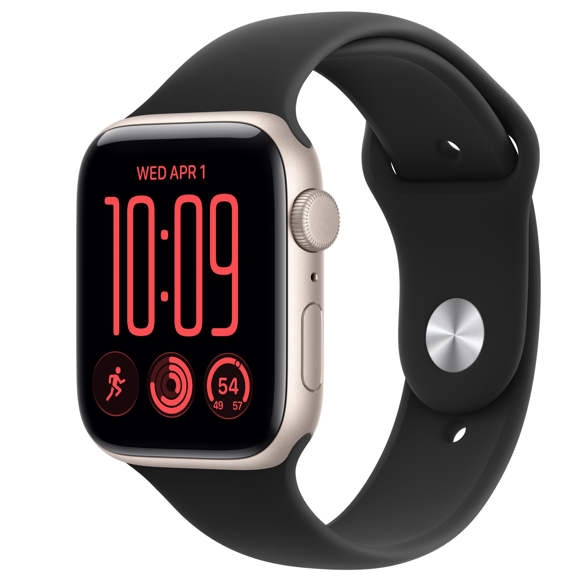 Apple Watch SE 3 i stjärnglans med svart sportband