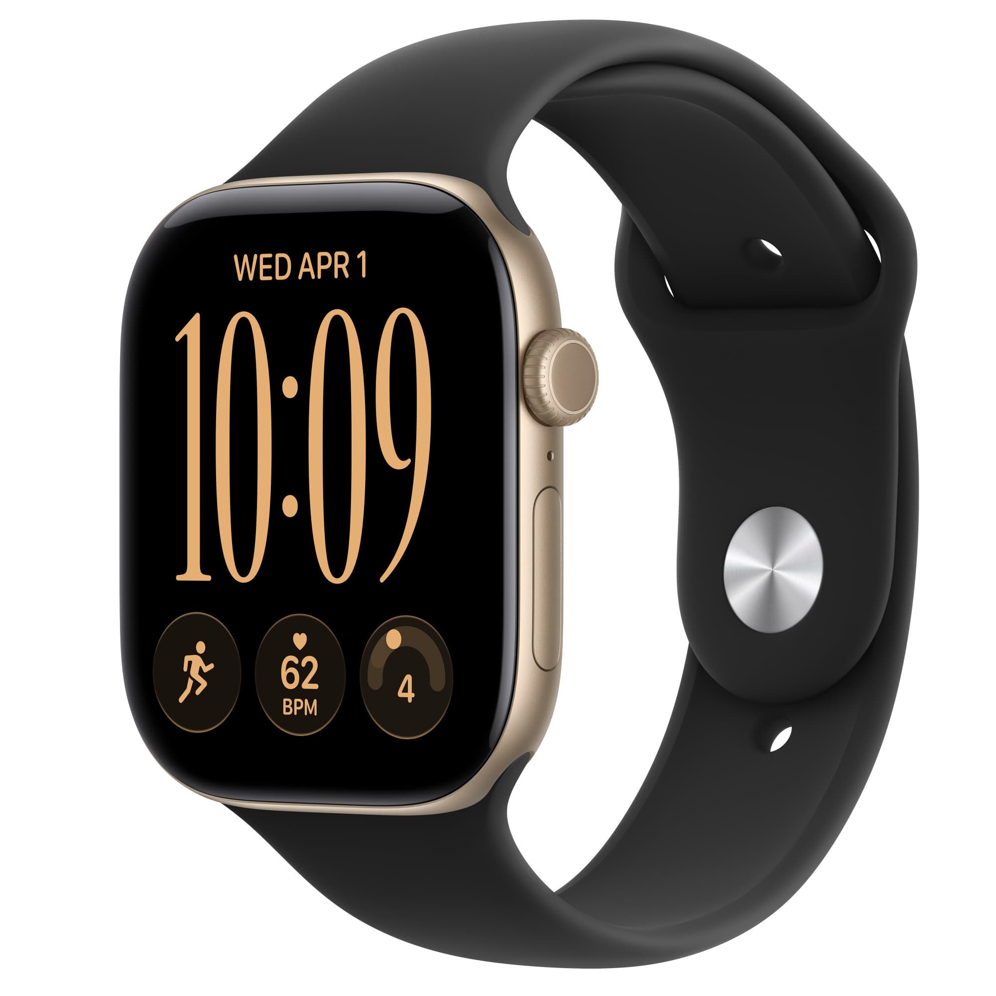 Apple Watch Series 12 i aluminium i ljust guld med svart sportband