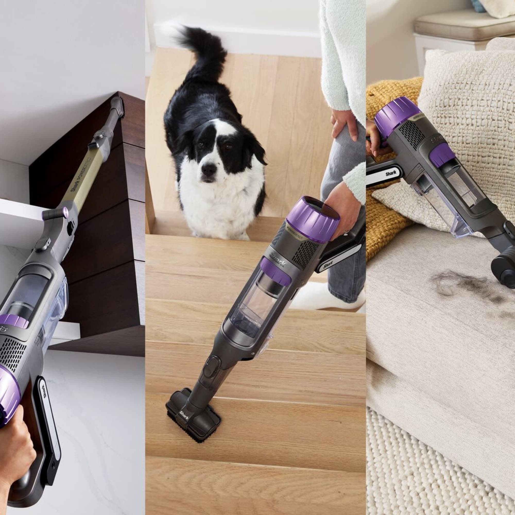 Handdammsugaren med tillbehör på hylla, trappa och soffa