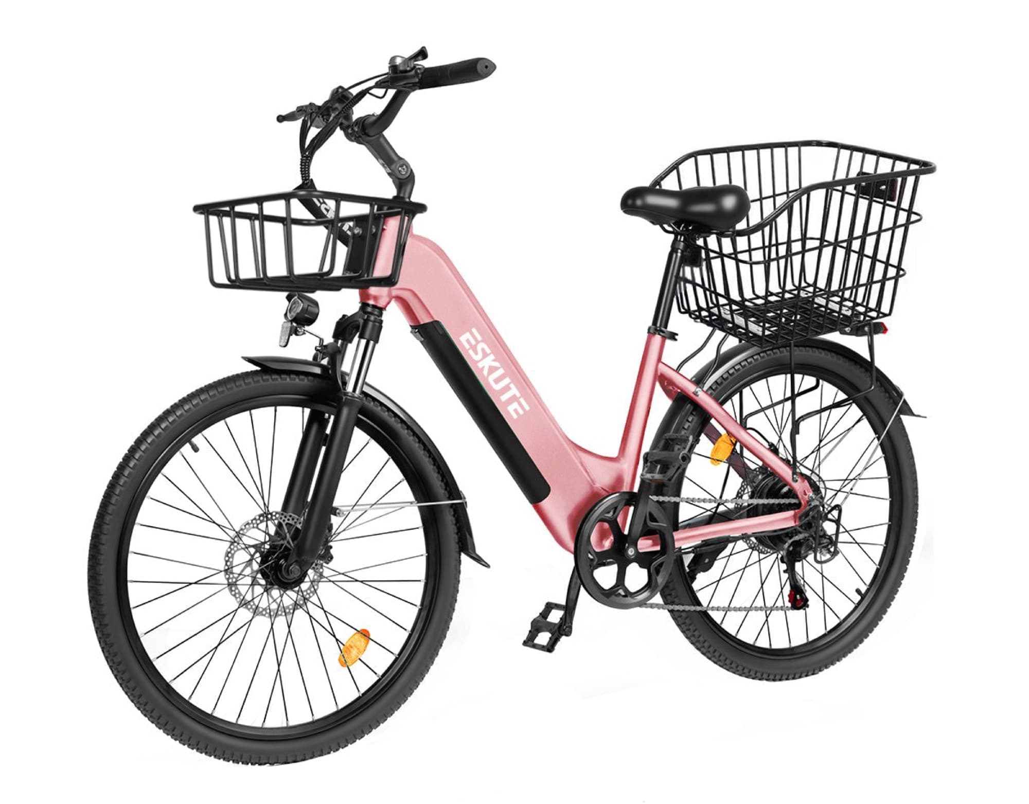 Korgarna monterade på en rosa elcykel