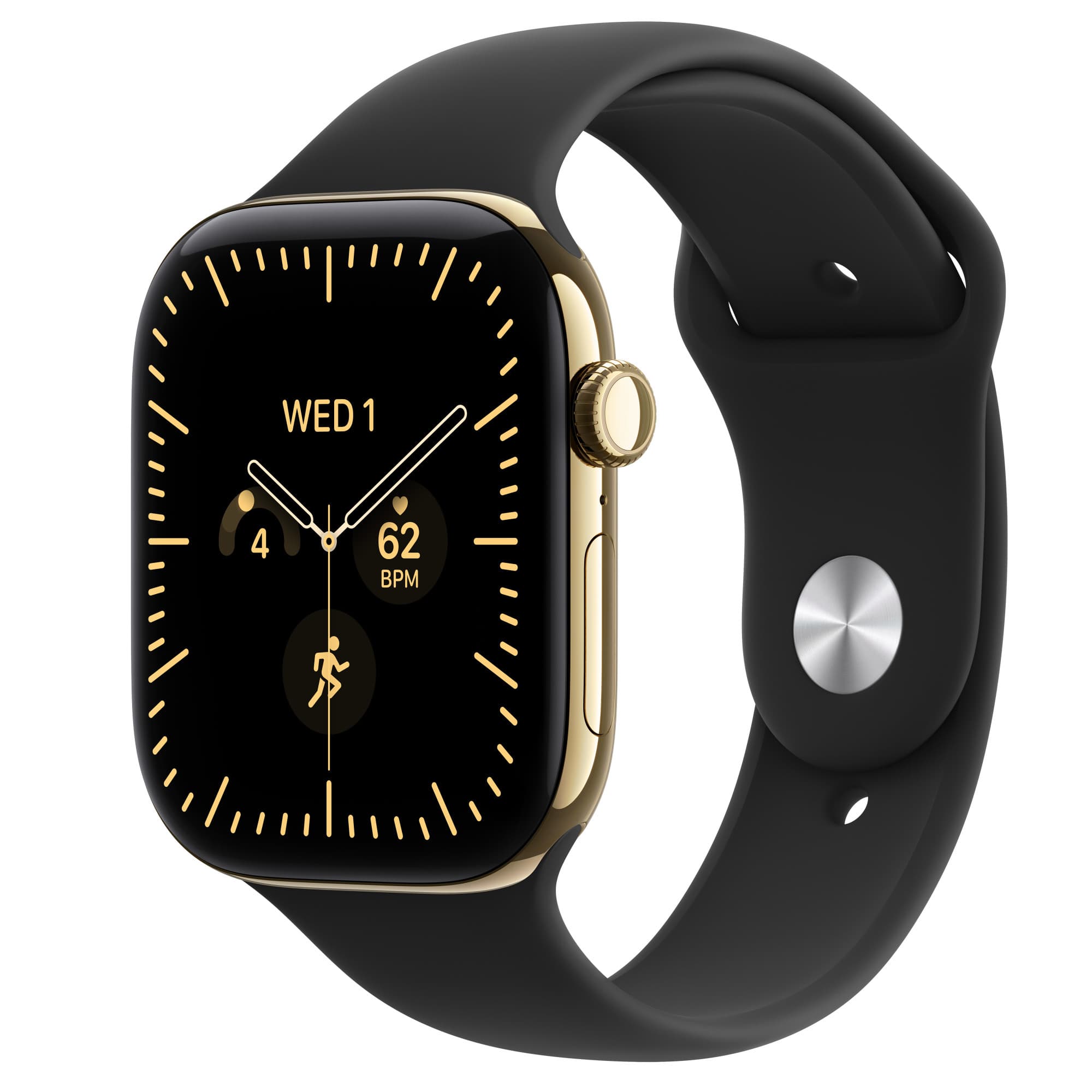 Apple Watch Series 12 i titan i skinande guld med svart sportband