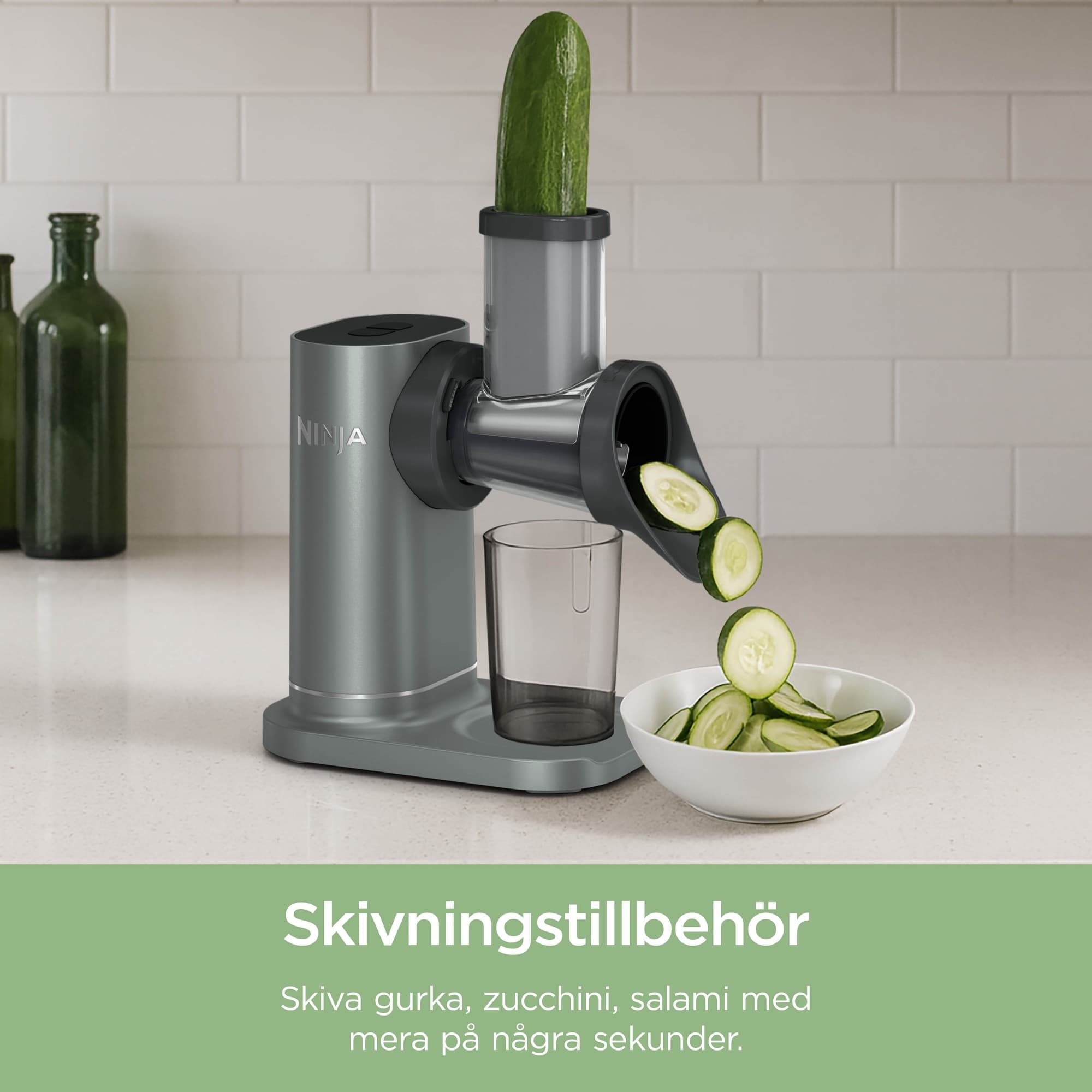 The slicing attachment slices cucumber