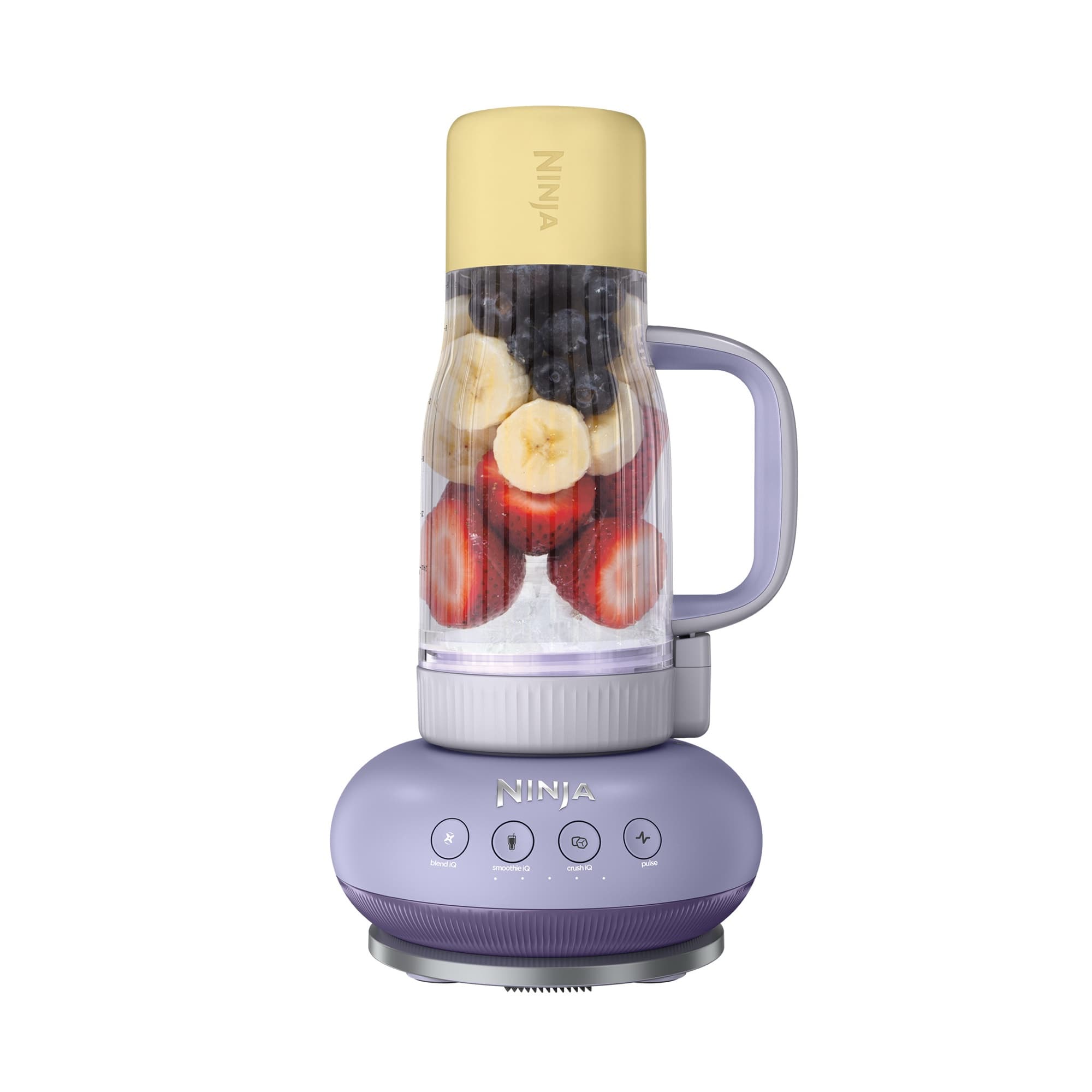 BlendBoss in lavender/yellow with berries and banana