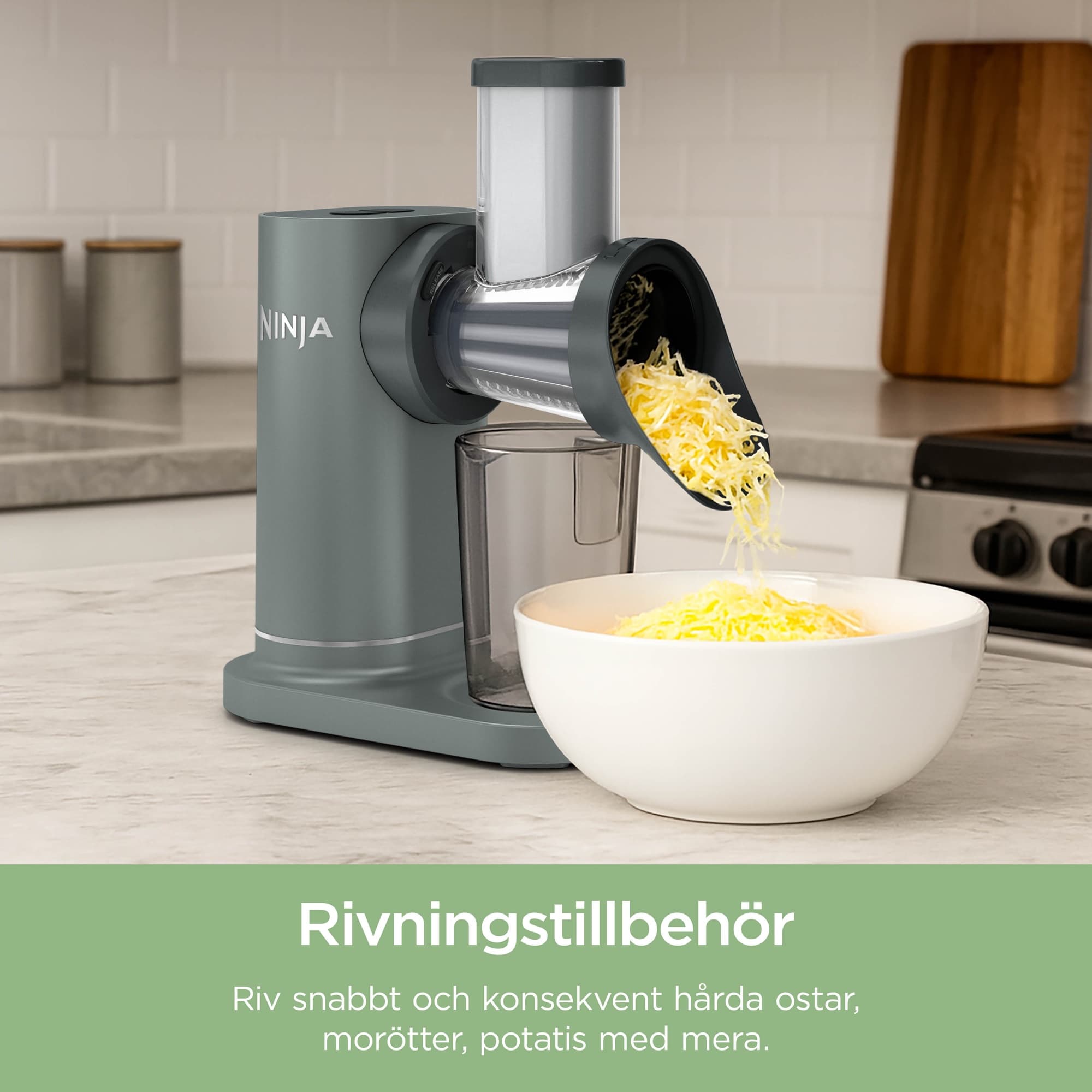 The grating attachment grates cheese into a bowl