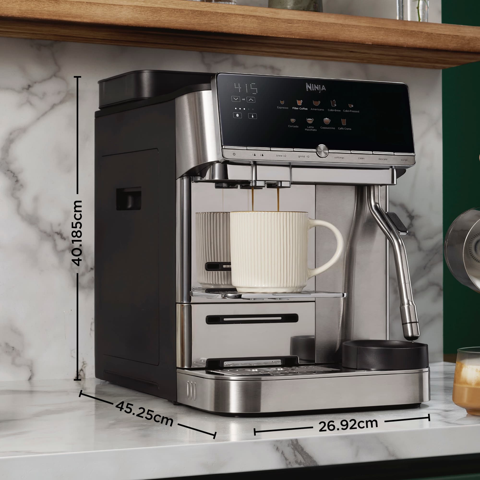 AutoBarista on the worktop with dimensions: 45.25 × 26.92 × 40.185 cm