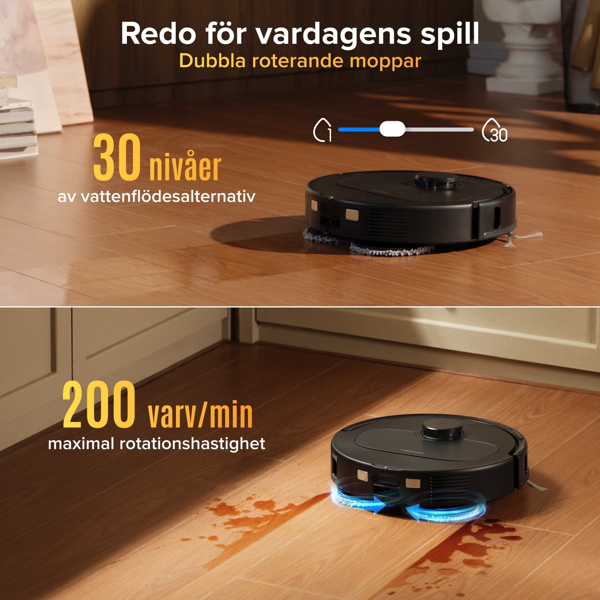 Två roterande moppar och justerbart vattenflöde