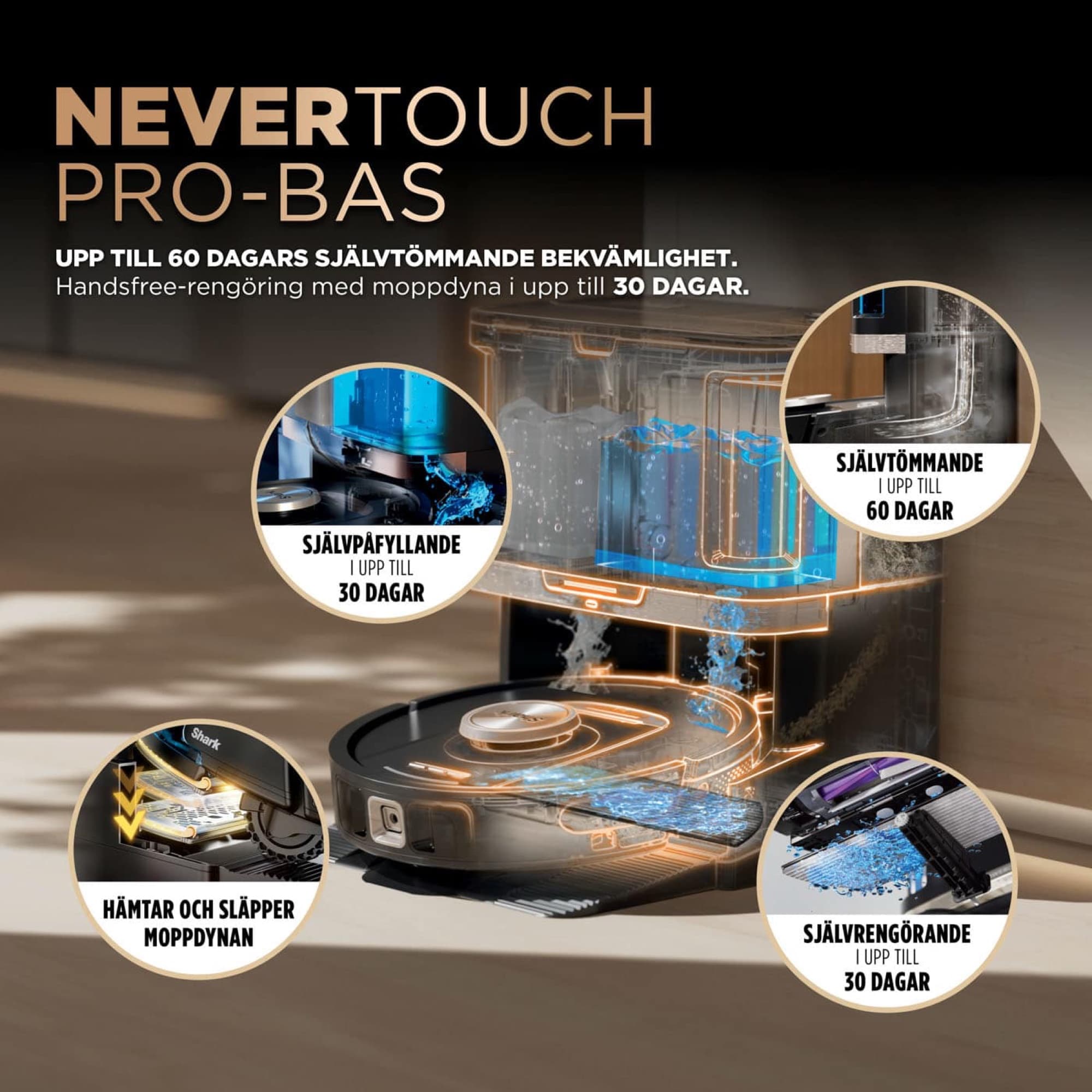 NeverTouch Pro-basen tömmer, fyller på och tvättar moppdynan