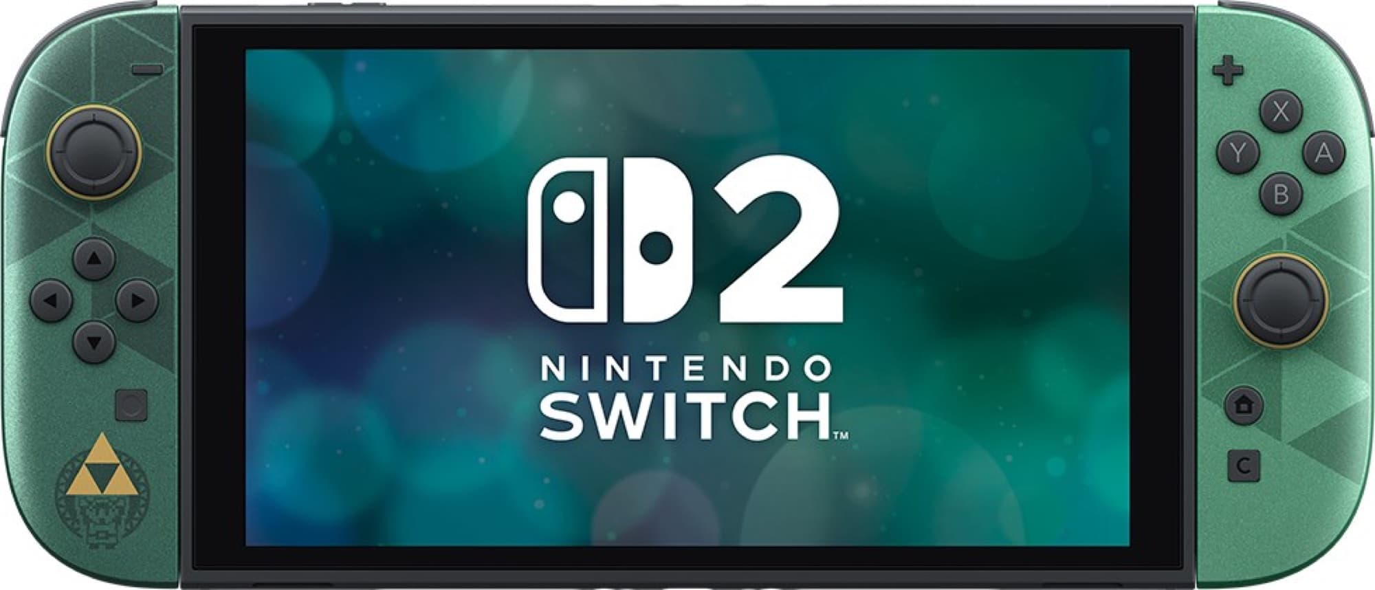 Konsolen framifrån med gröna Joy-Con 2