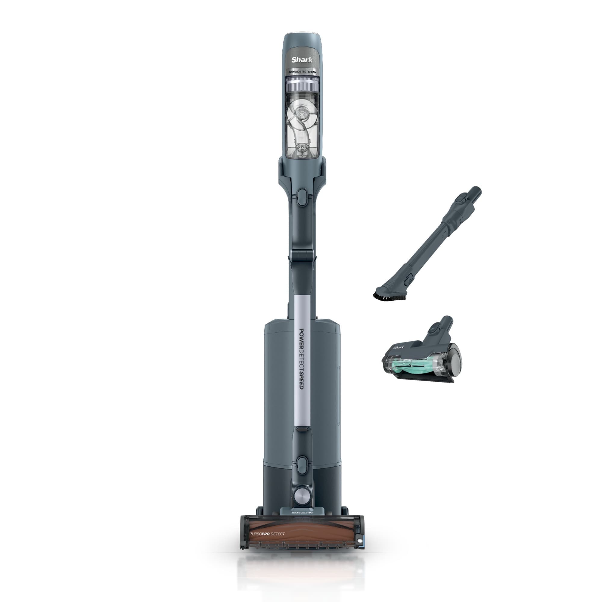 Dark blue, with dusting/crevice tool and motorised hand tool