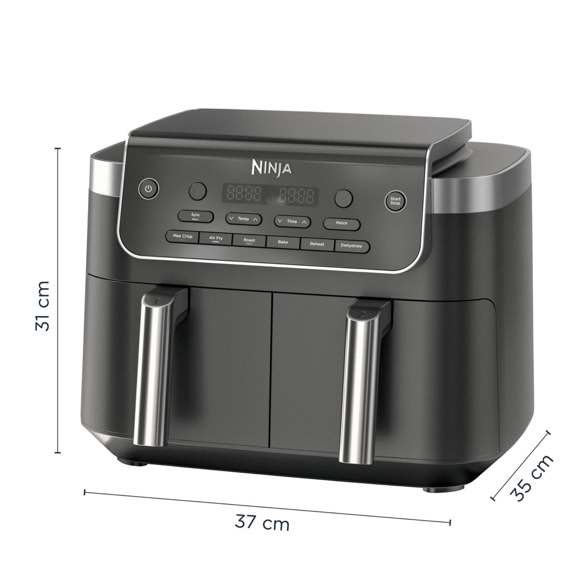 Air fryer dimensions: 37 cm wide, 35 cm deep, 31 cm high