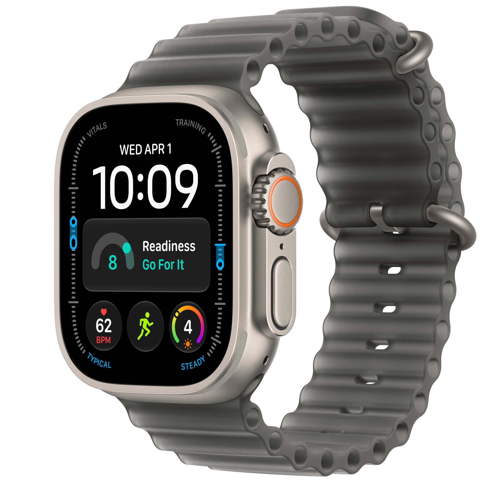 Apple Watch Ultra 4 i naturligt titan med havsband i genomlyst svart