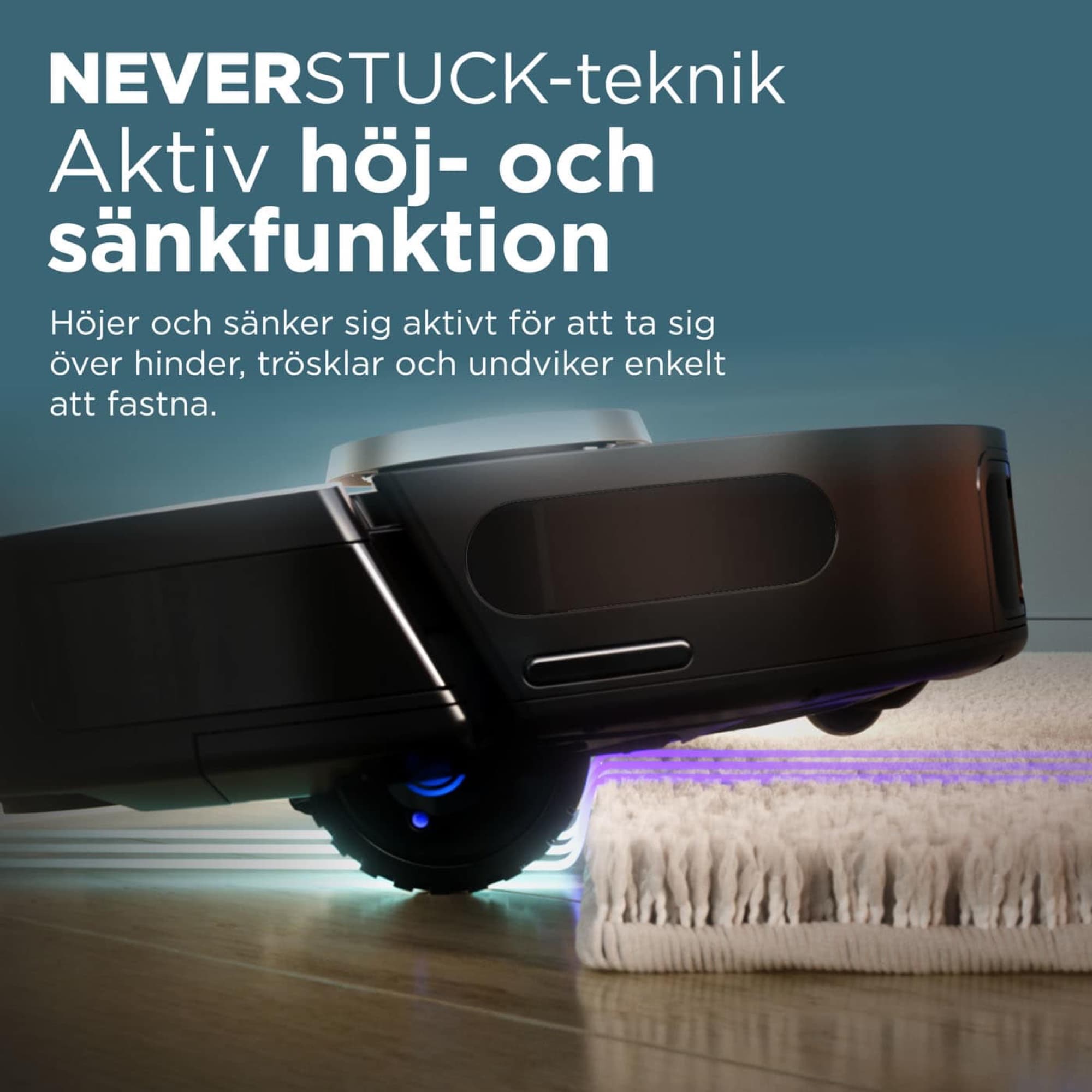 NeverStuck lyfter roboten över en tjock matta