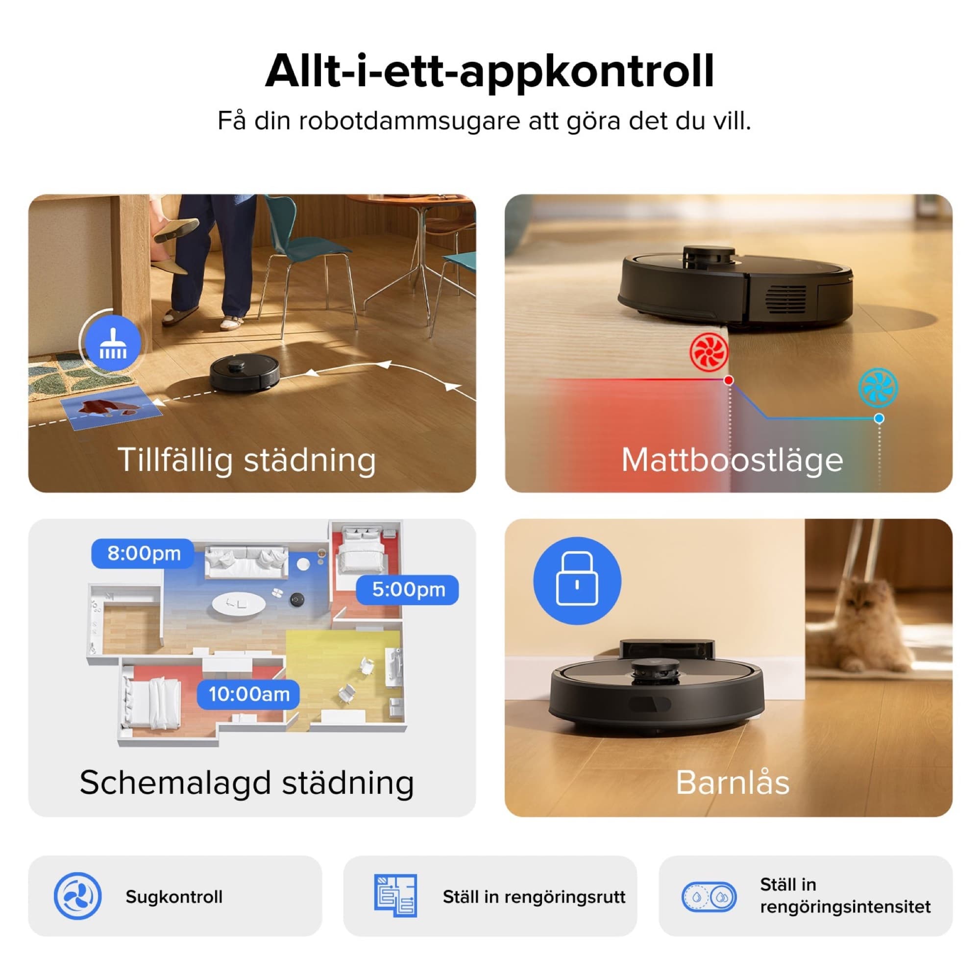 Schema, mattläge och barnlås i appen