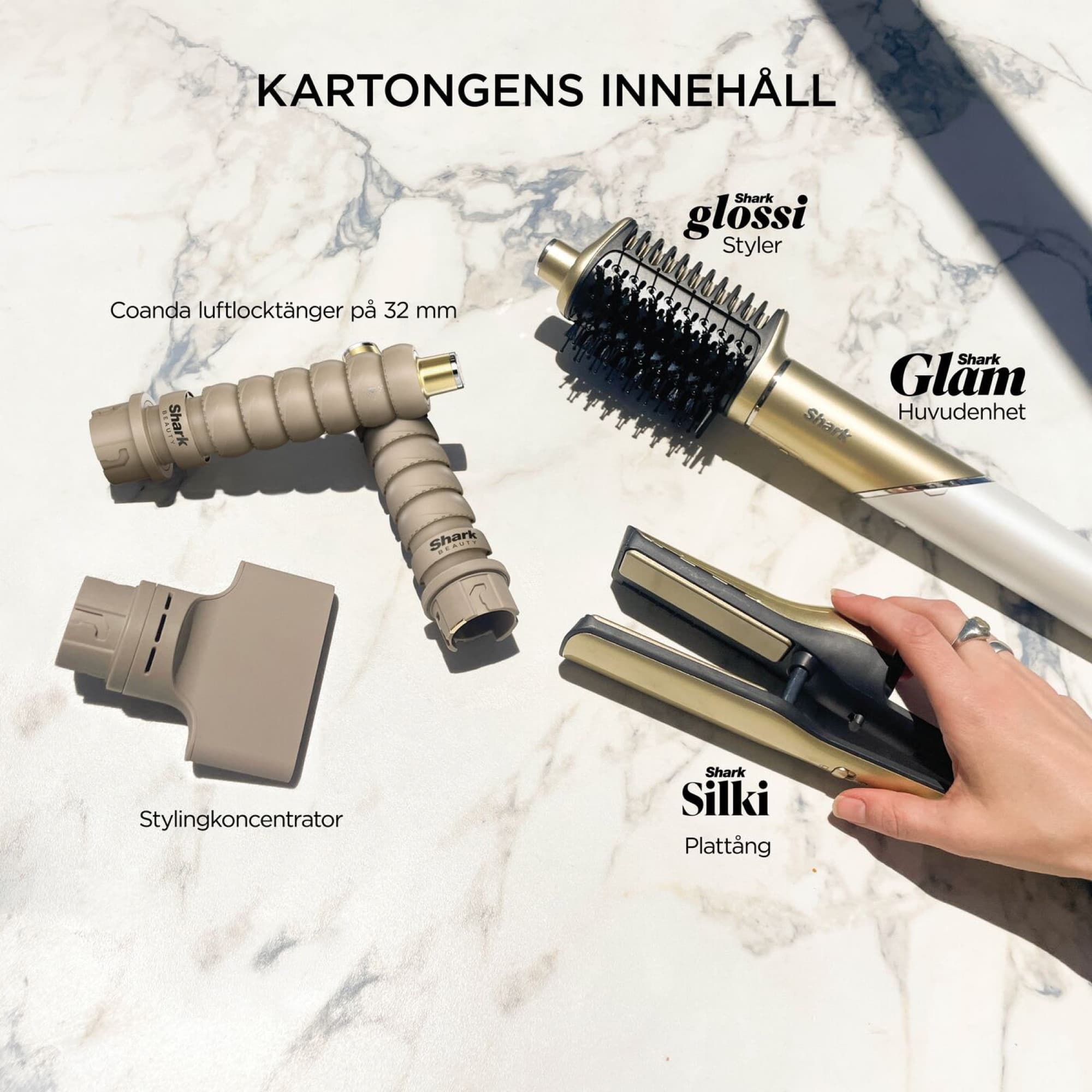Kartongens innehåll: hårtork, Silki, Glossi, locktänger och koncentrator