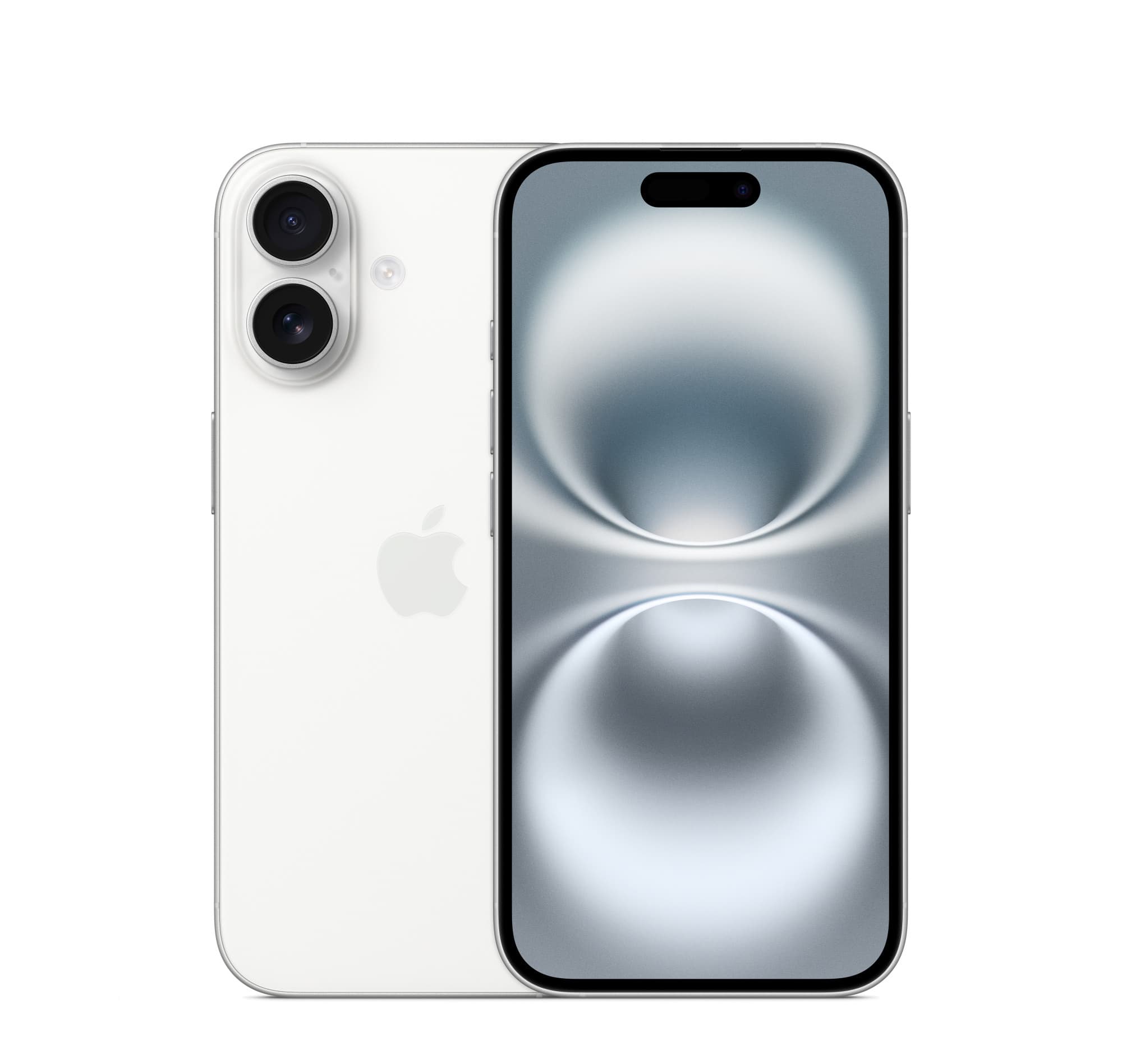 iPhone 16 in white, front and back