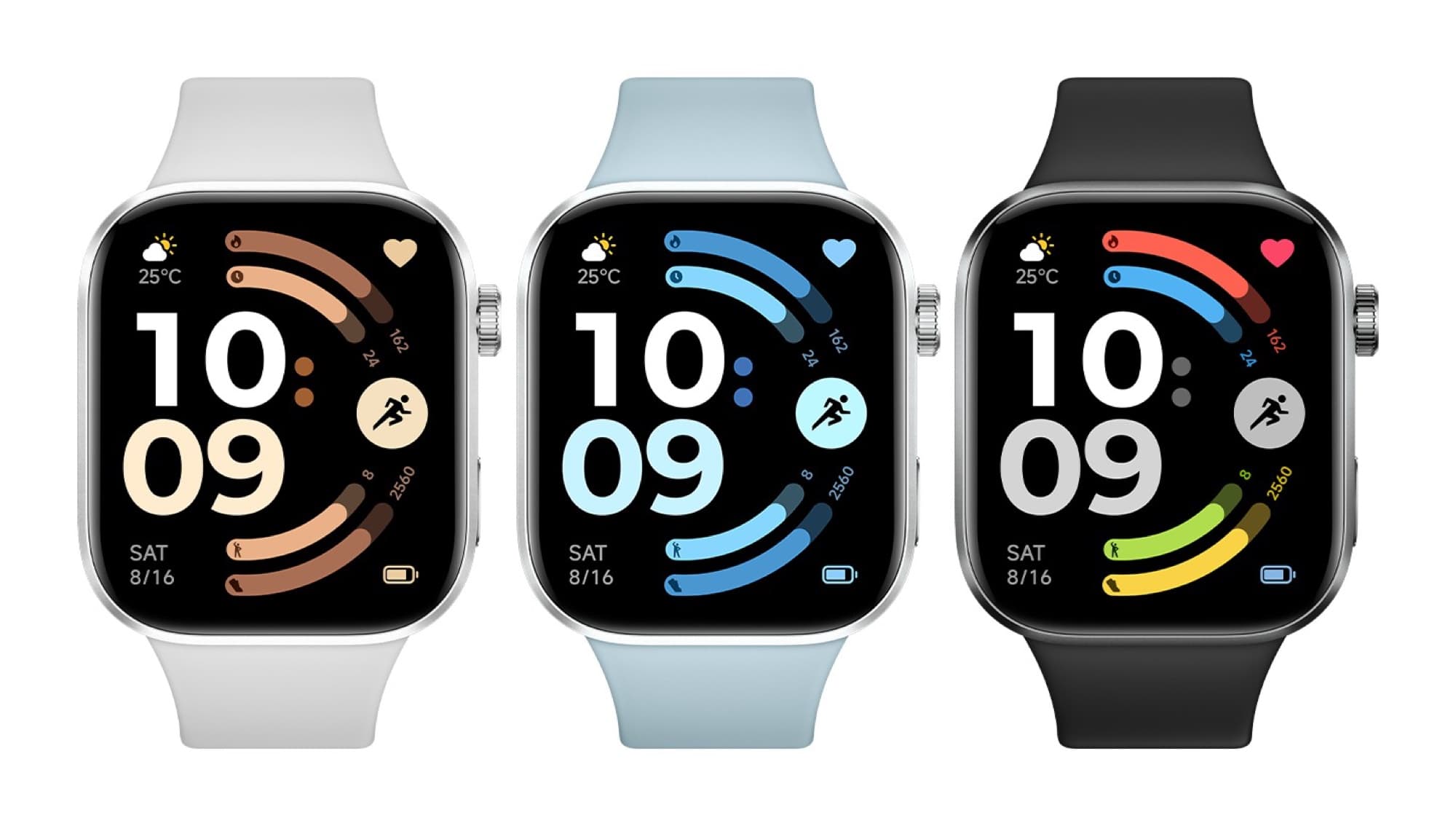 REDMI Watch 6 i vitt, blått och svart bredvid varandra