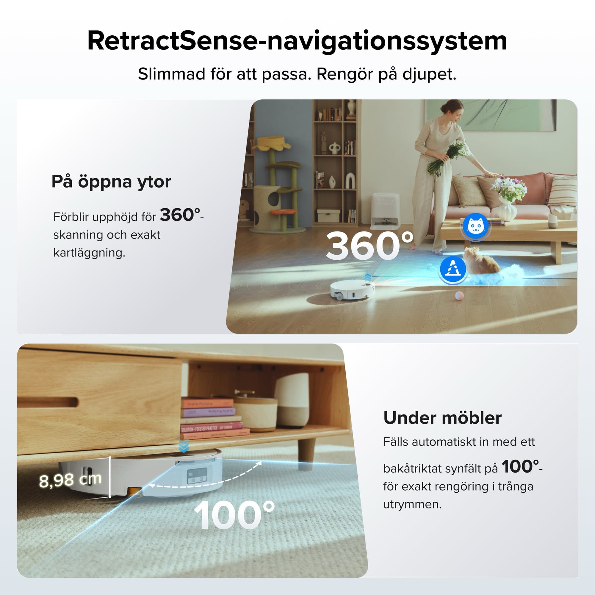 Qrevo Edge 2 Flow kör in under en möbel