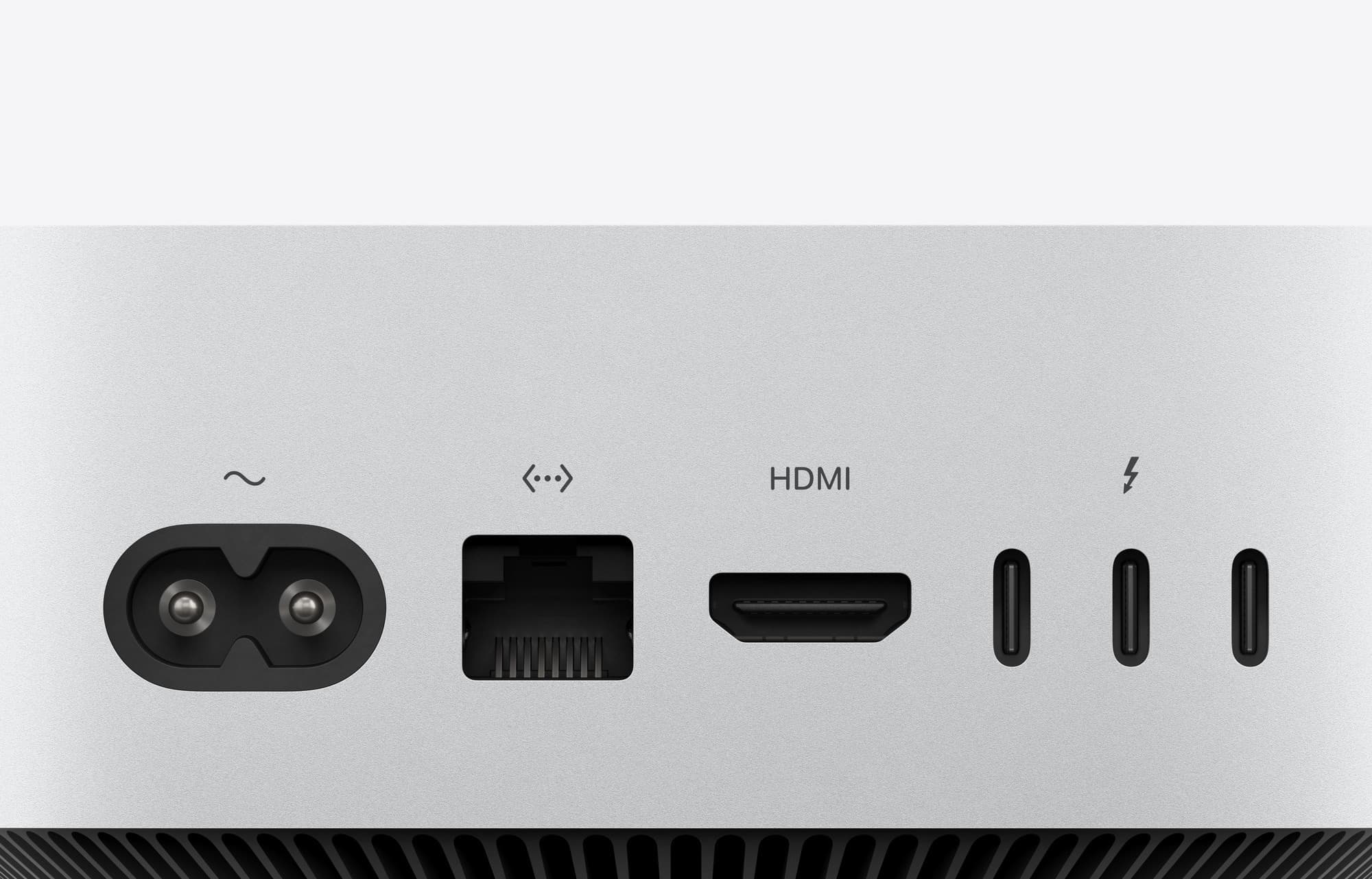 Närbild på ström, Ethernet, HDMI och Thunderbolt