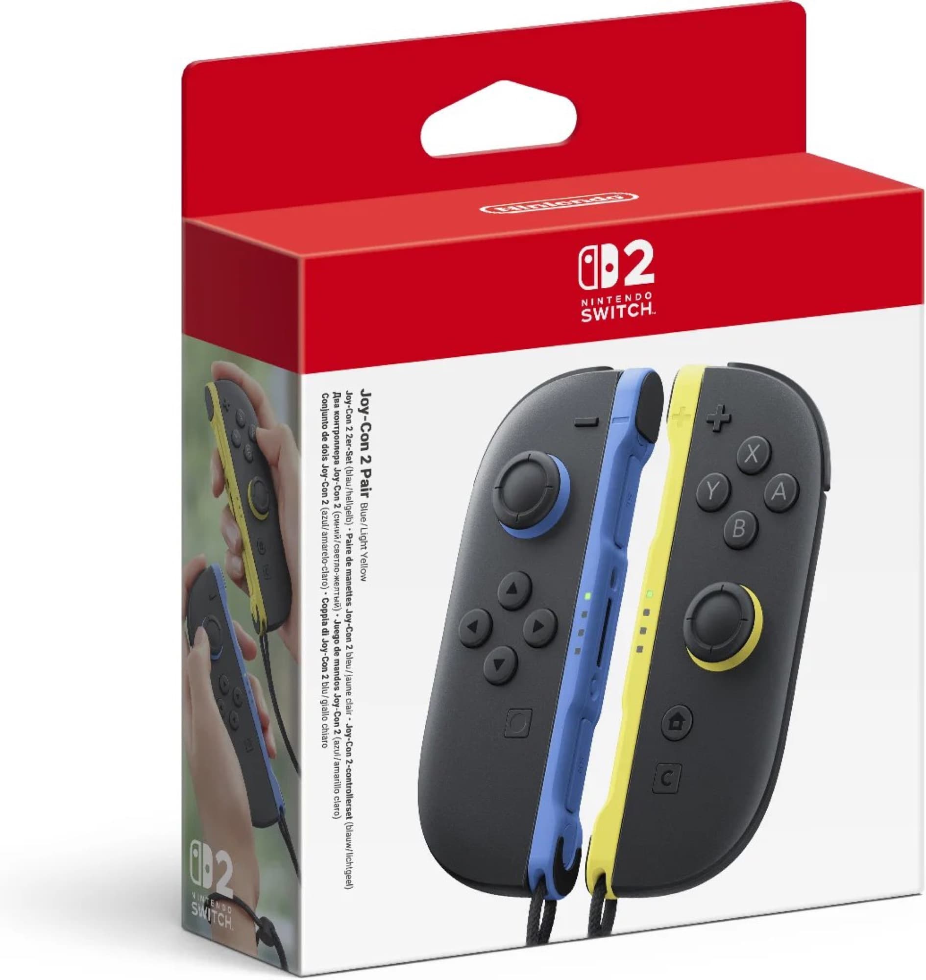 Joy-Con 2-par blå/ljusgul – förpackning