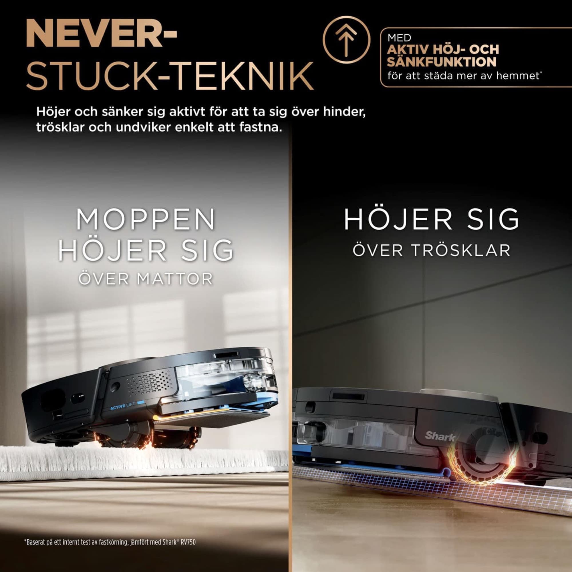 NeverStuck: moppdynan lyfts över mattan och roboten tar sig över trösklar
