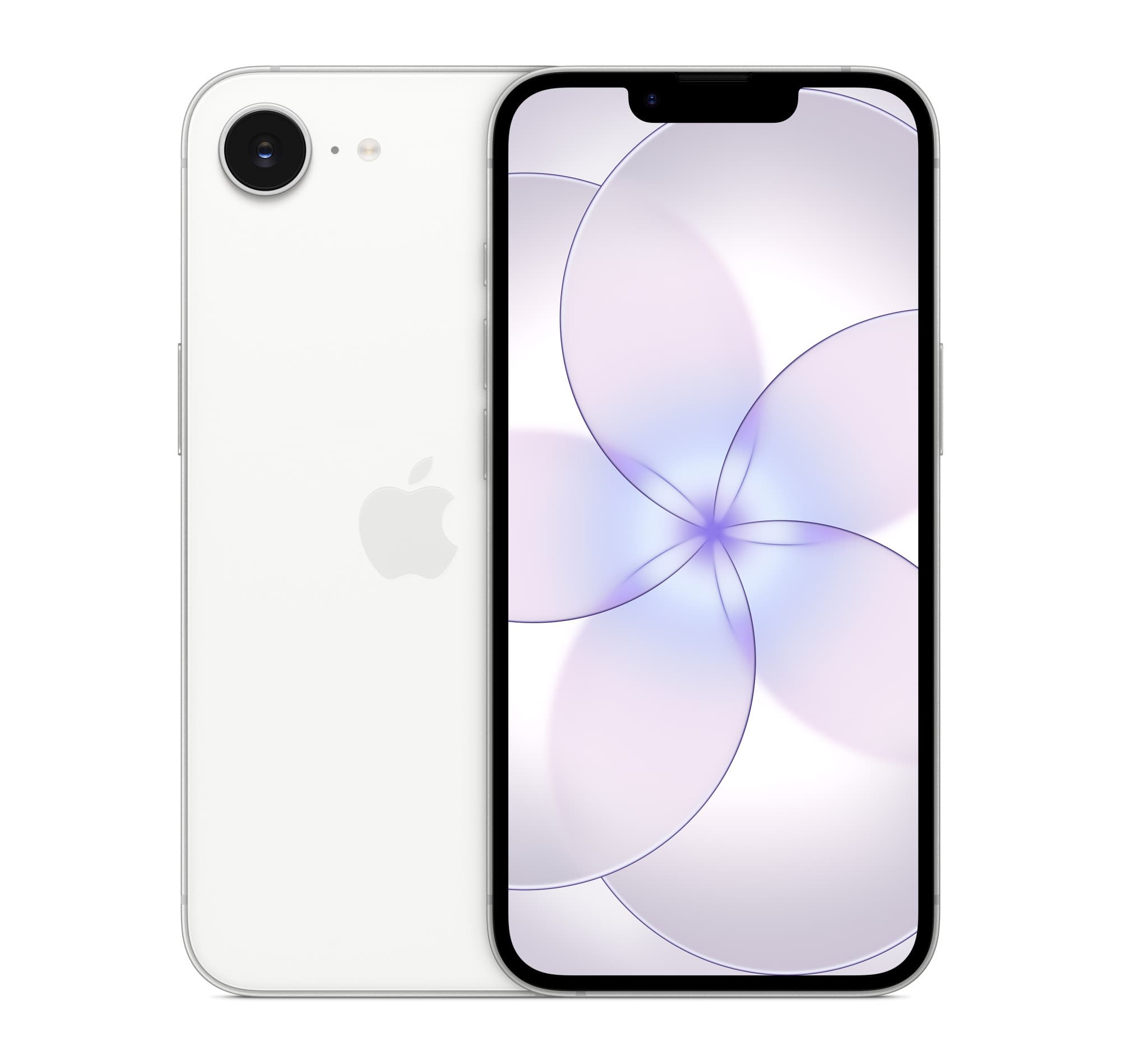 iPhone 17e i vit, fram- och baksida