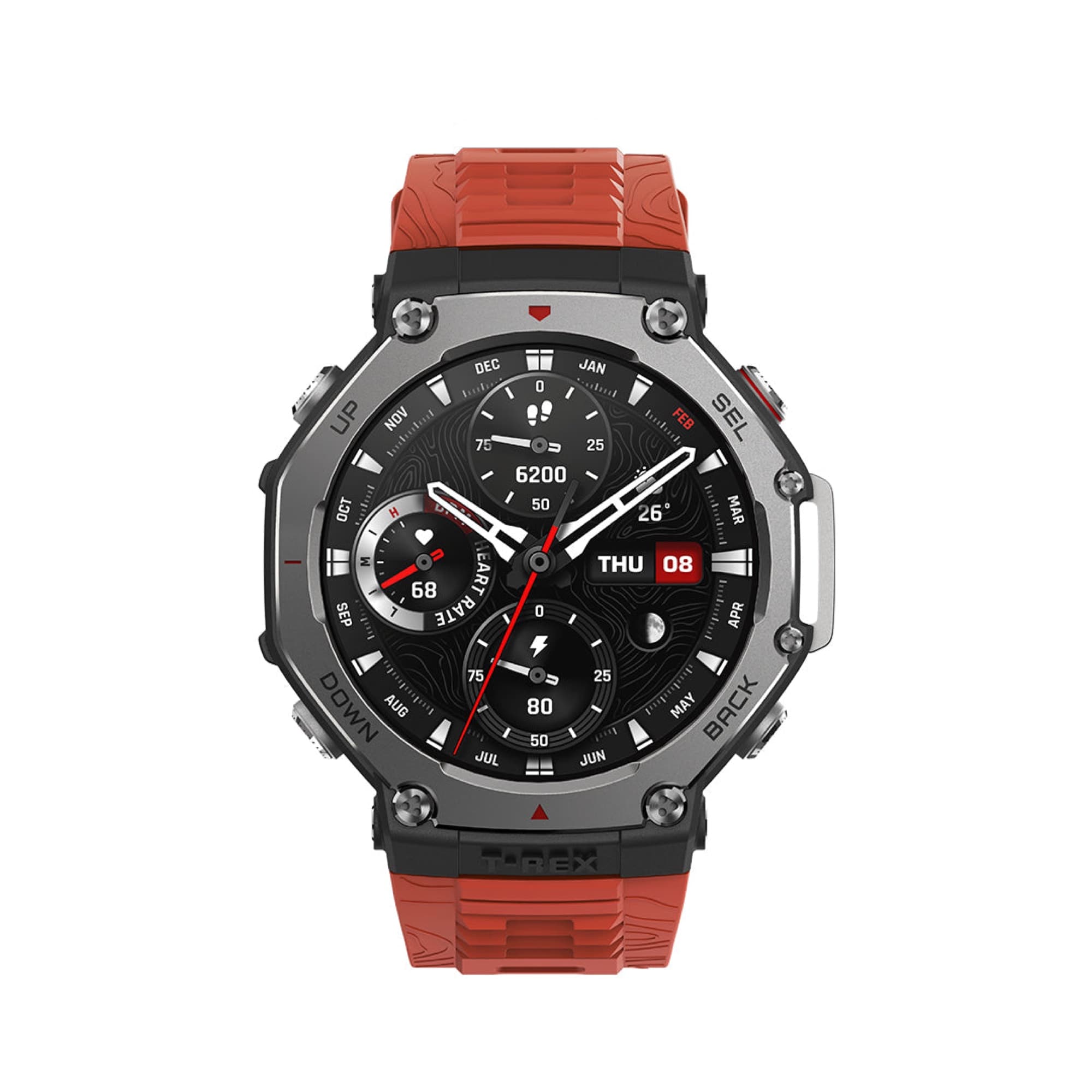 Amazfit T-Rex 3 i Lava med orangerött armband